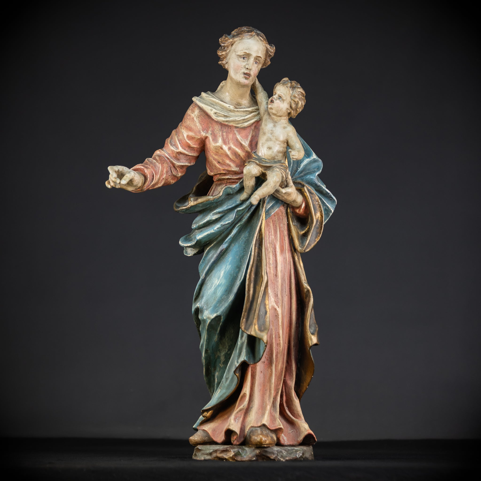 Virgin Mary with Infant Jesus Wooden | 1700s Baroque 26.6”