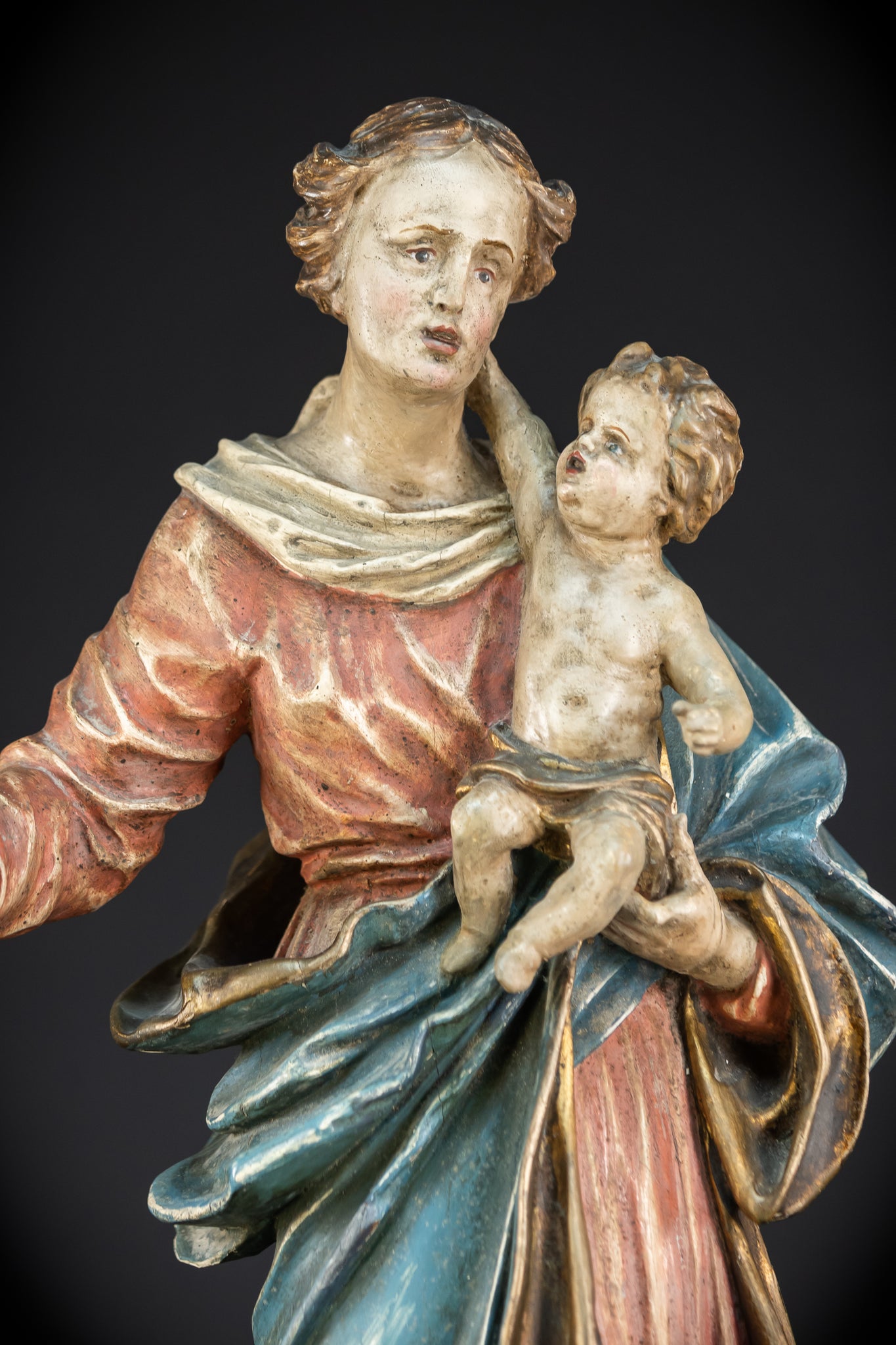 Virgin Mary with Infant Jesus Wooden | 1700s Baroque 26.6”