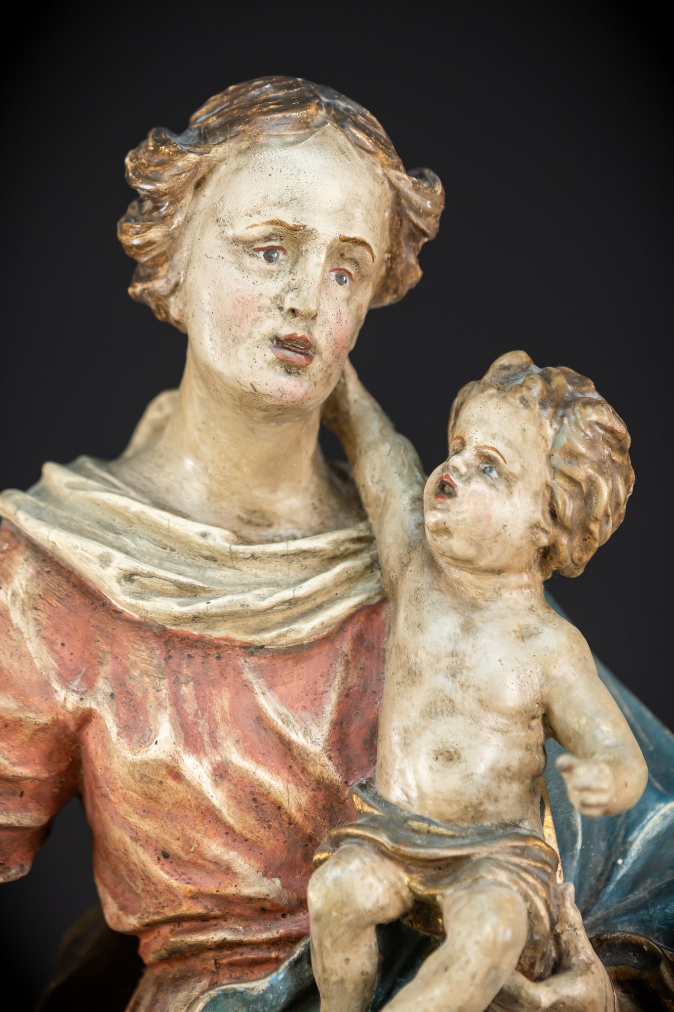 Virgin Mary with Infant Jesus Wooden | 1700s Baroque 26.6”