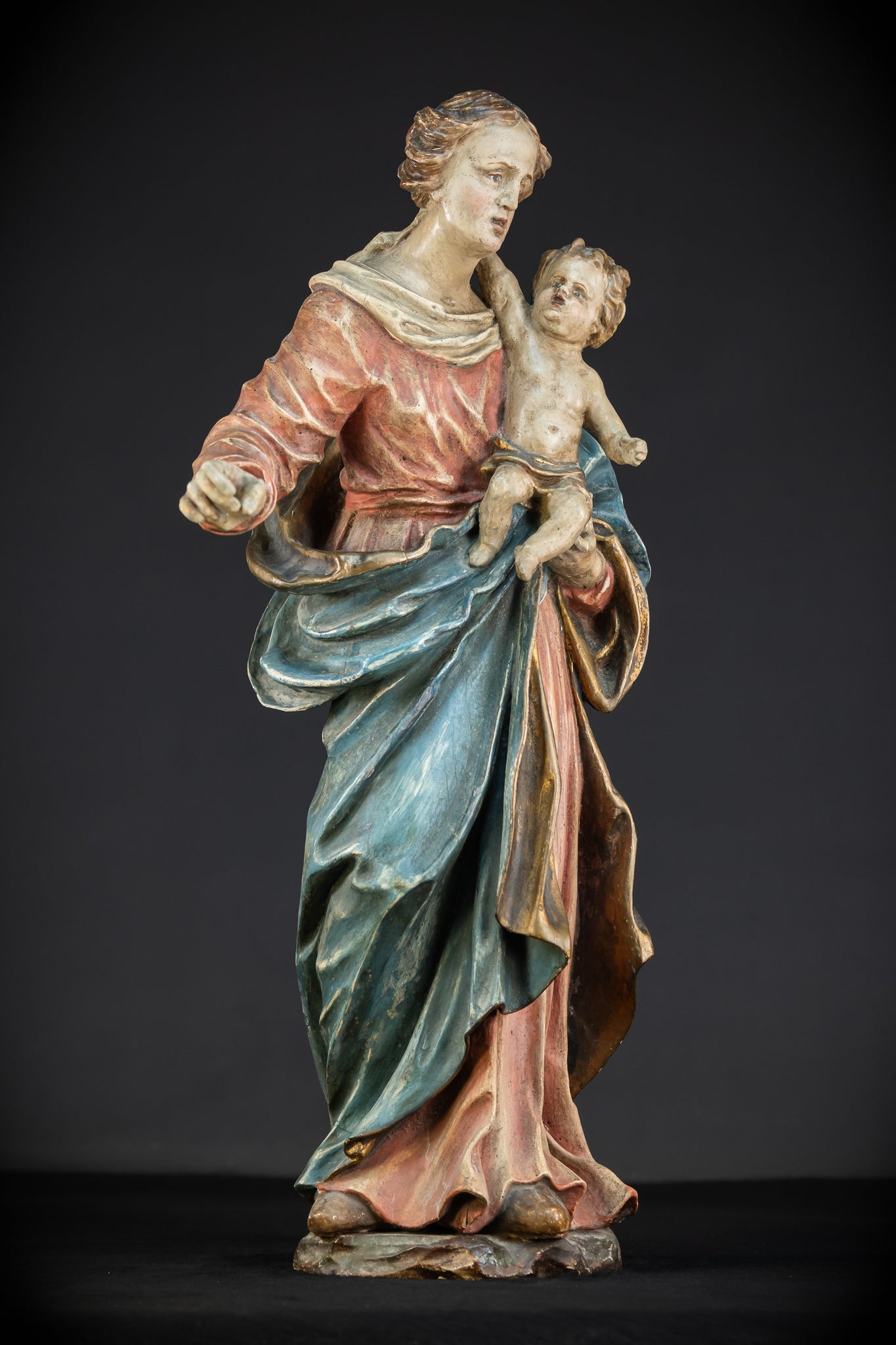 Virgin Mary with Infant Jesus Wooden | 1700s Baroque 26.6”