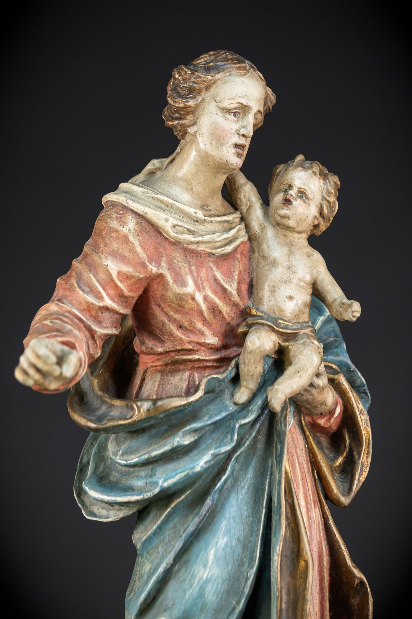 Virgin Mary with Infant Jesus Wooden | 1700s Baroque 26.6”