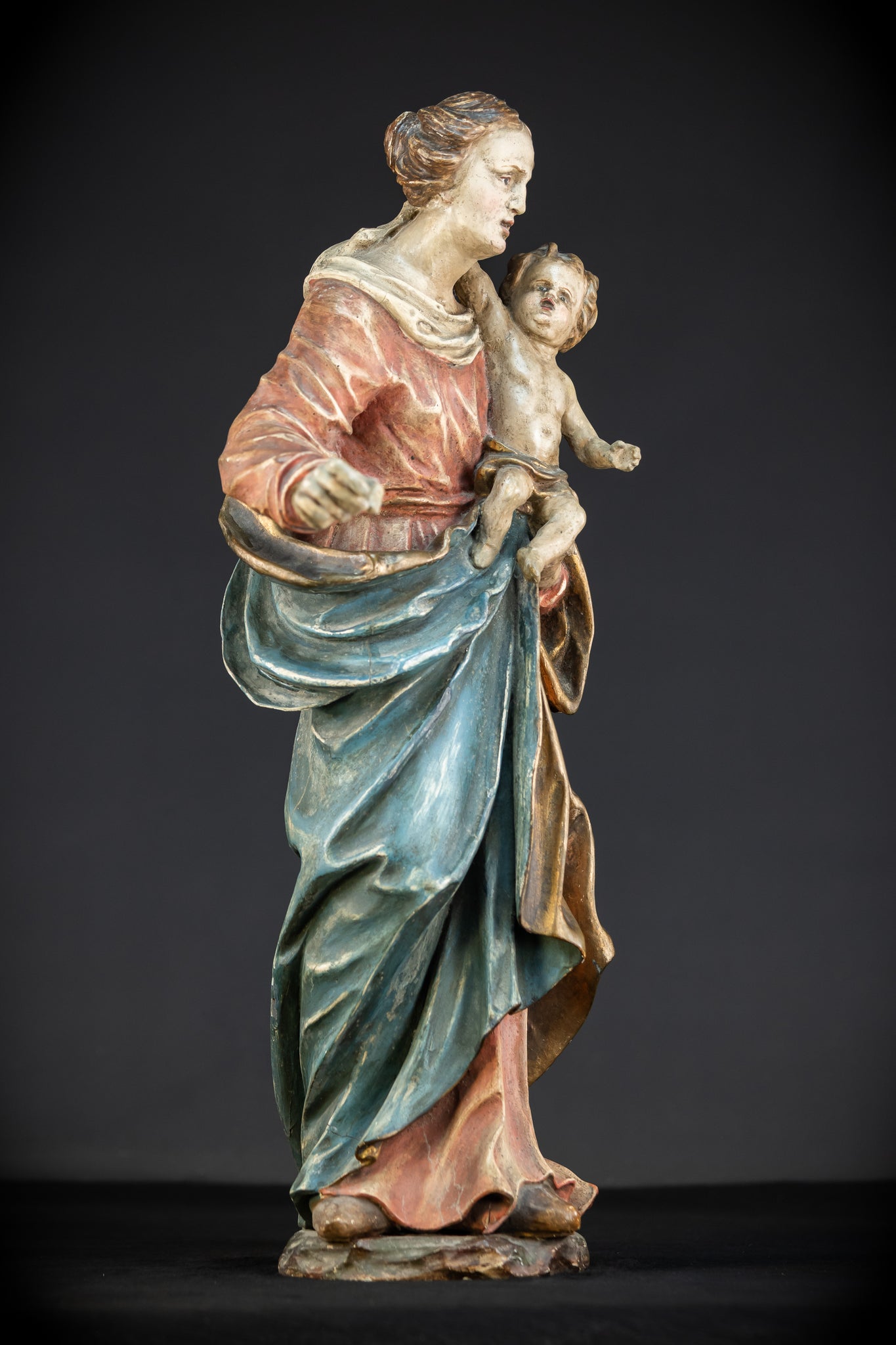 Virgin Mary with Infant Jesus Wooden | 1700s Baroque 26.6”