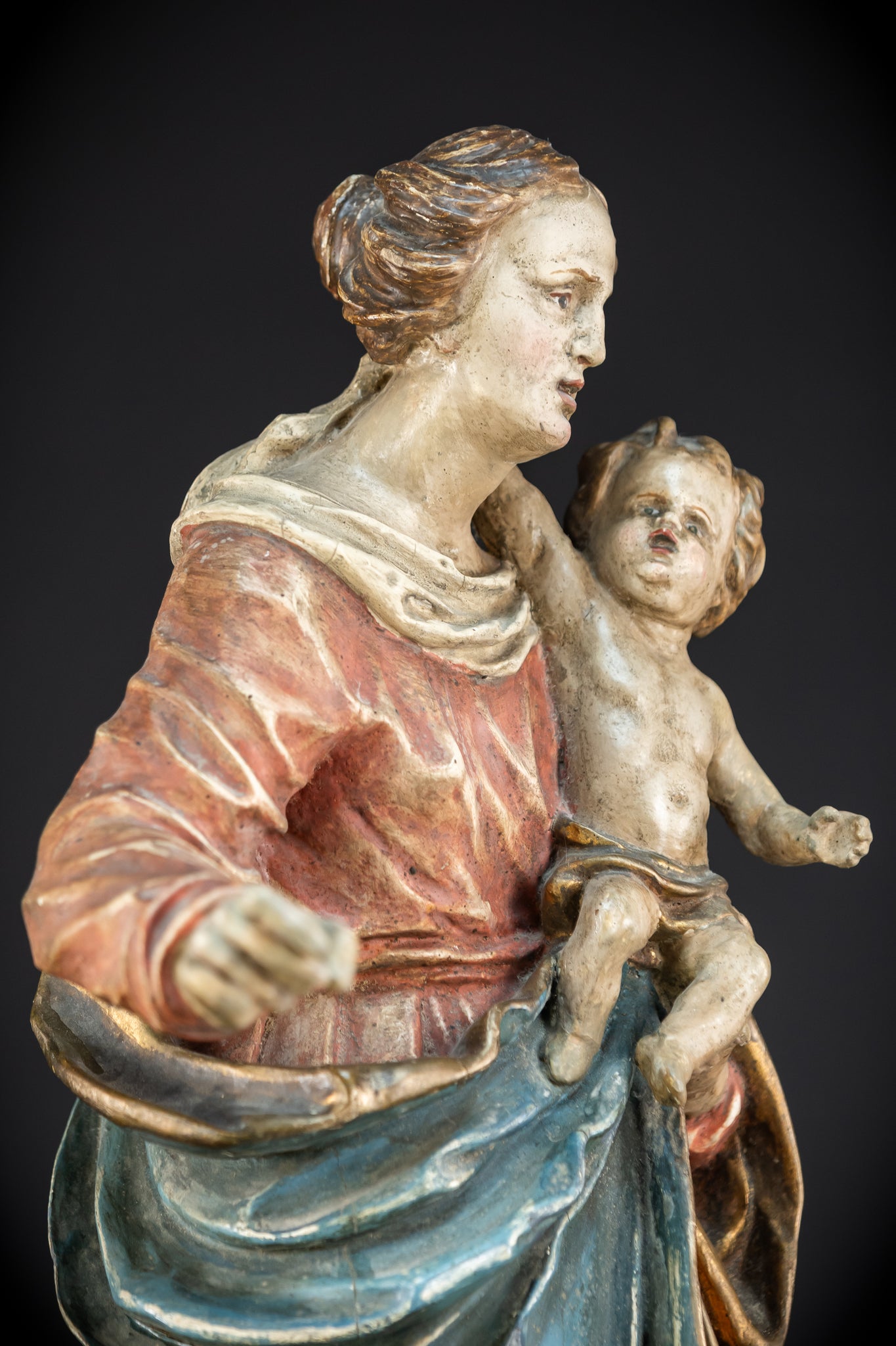 Virgin Mary with Infant Jesus Wooden | 1700s Baroque 26.6”
