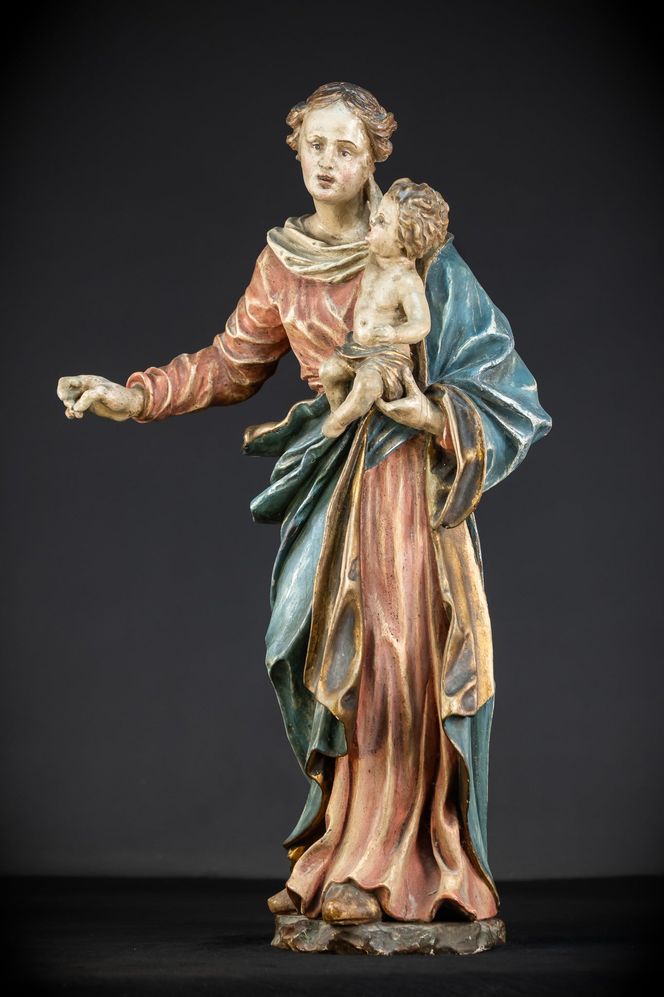 Virgin Mary with Infant Jesus Wooden | 1700s Baroque 26.6”