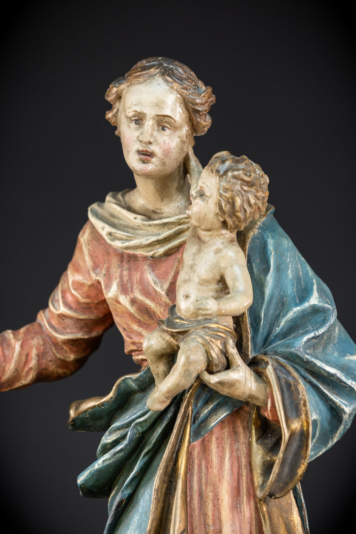 Virgin Mary with Infant Jesus Wooden | 1700s Baroque 26.6”