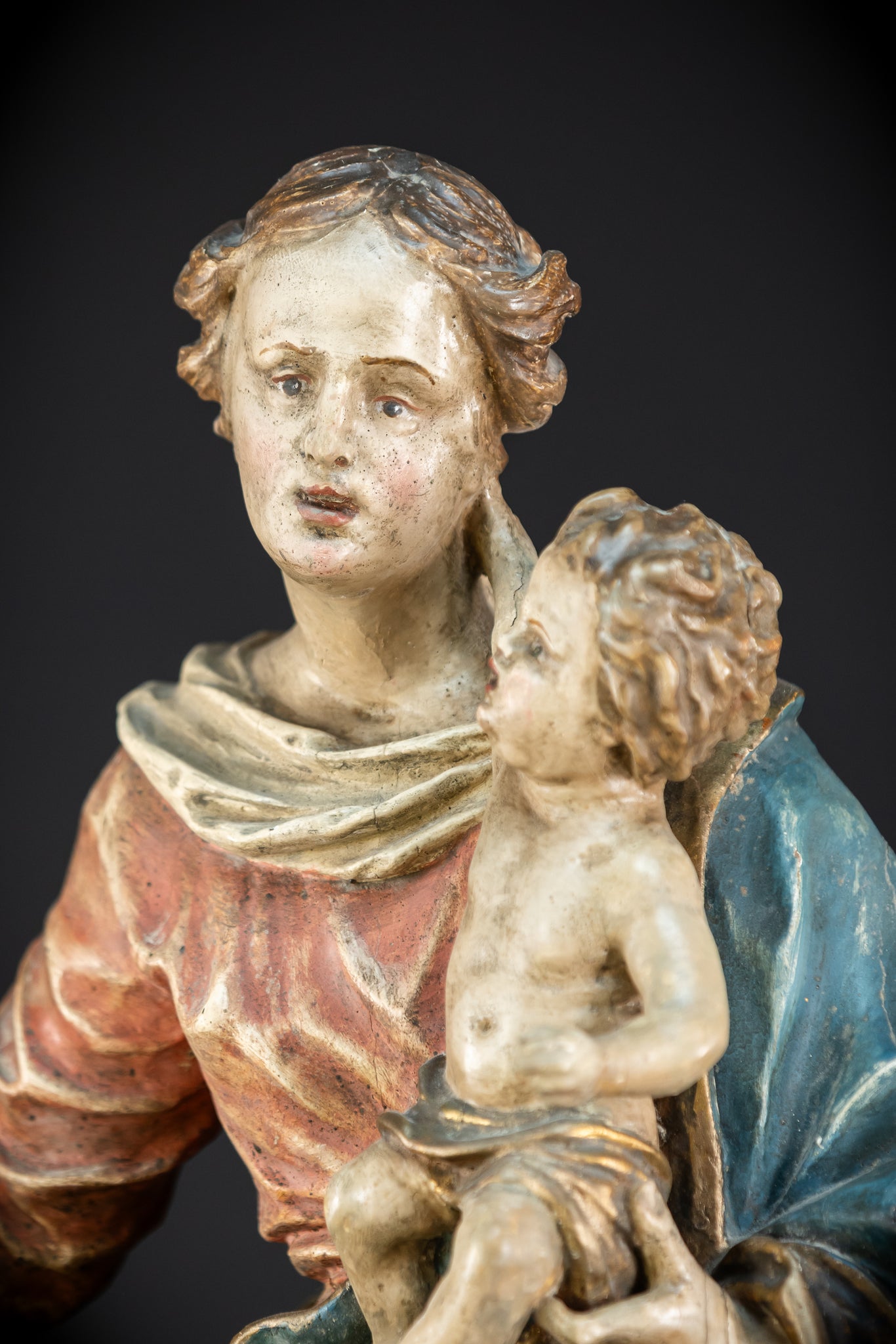 Virgin Mary with Infant Jesus Wooden | 1700s Baroque 26.6”