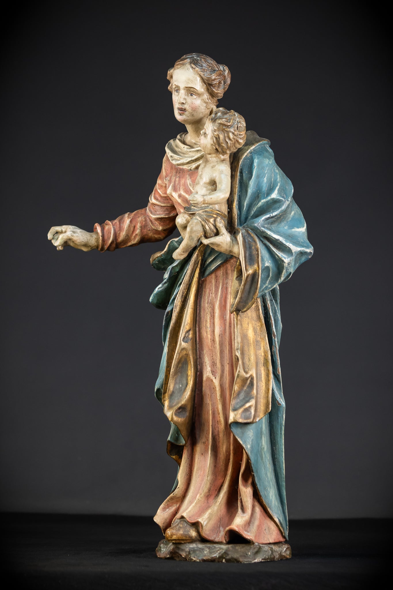 Virgin Mary with Infant Jesus Wooden | 1700s Baroque 26.6”