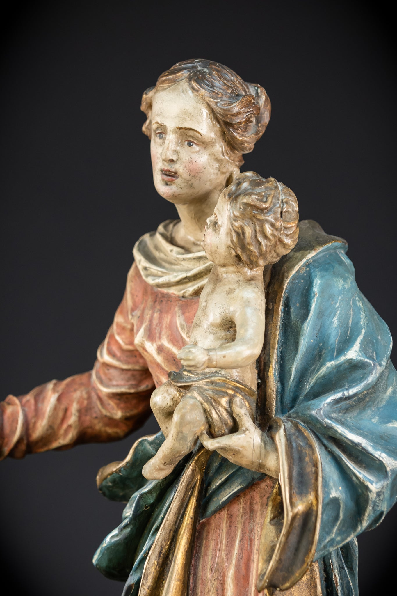 Virgin Mary with Infant Jesus Wooden | 1700s Baroque 26.6”