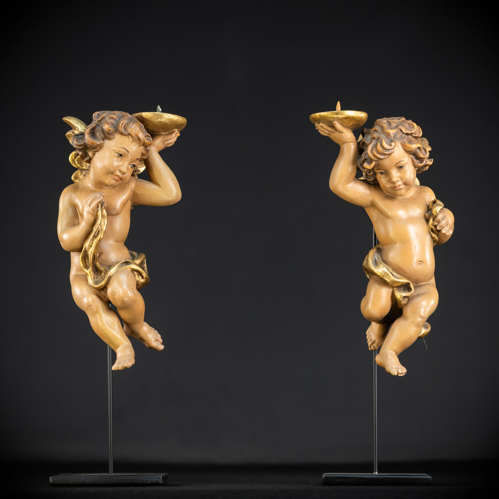 Angel Statues Pair | Mid 1900s Cherubs Wood Carving | 10"