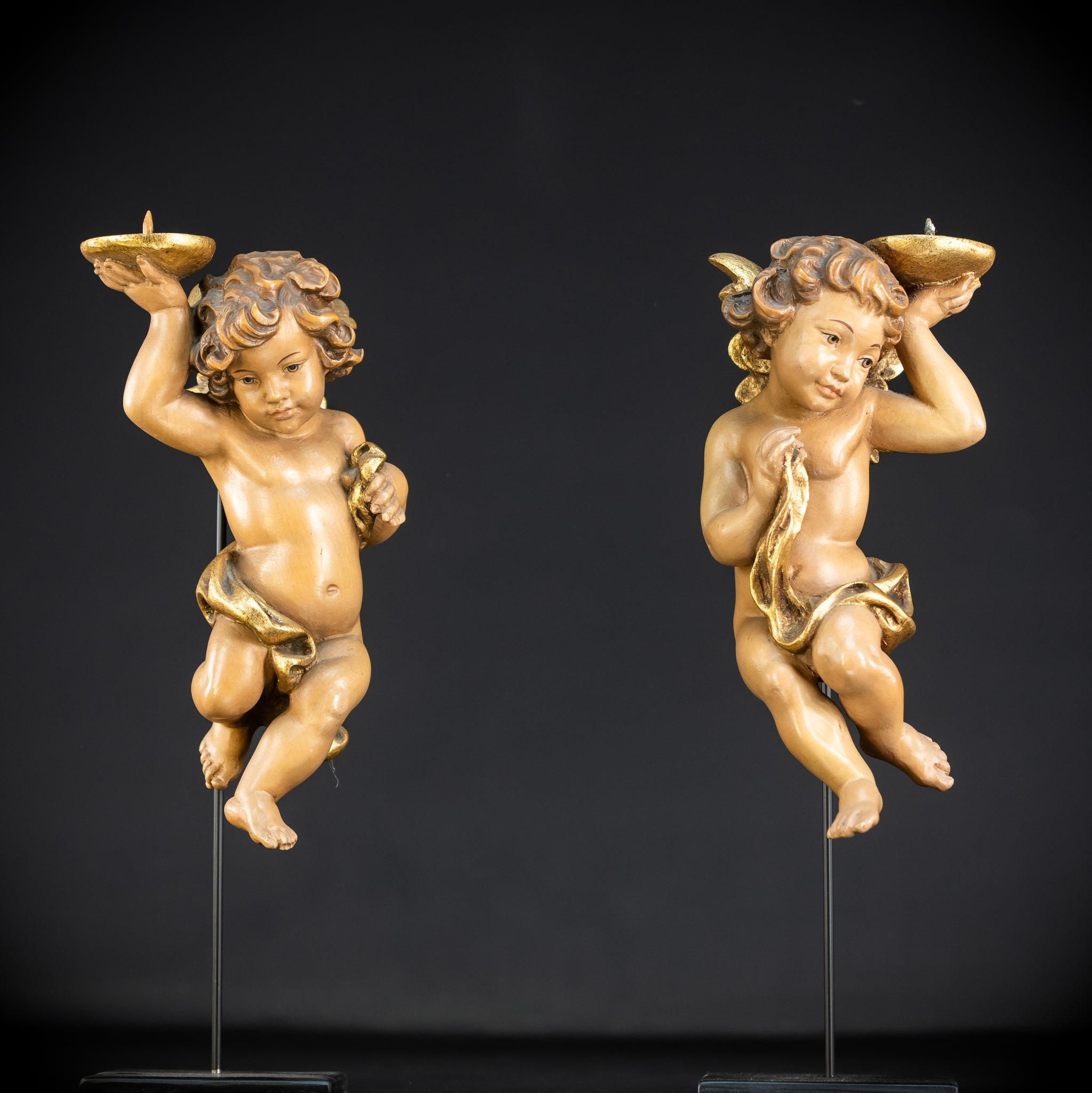 Angel Statues Pair | Mid 1900s Cherubs Wood Carving | 10"
