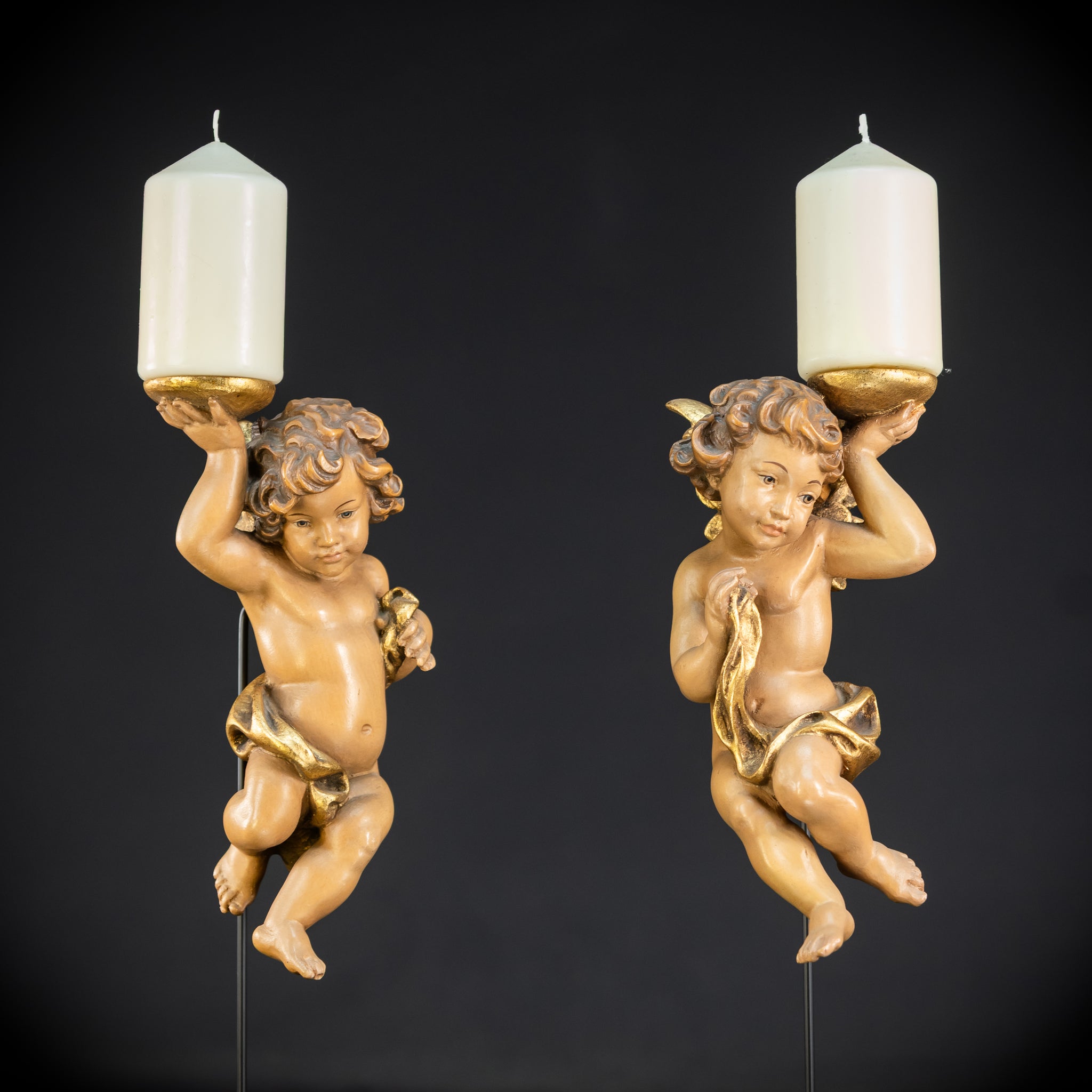 Angel Statues Pair | Mid 1900s Cherubs Wood Carving | 10"