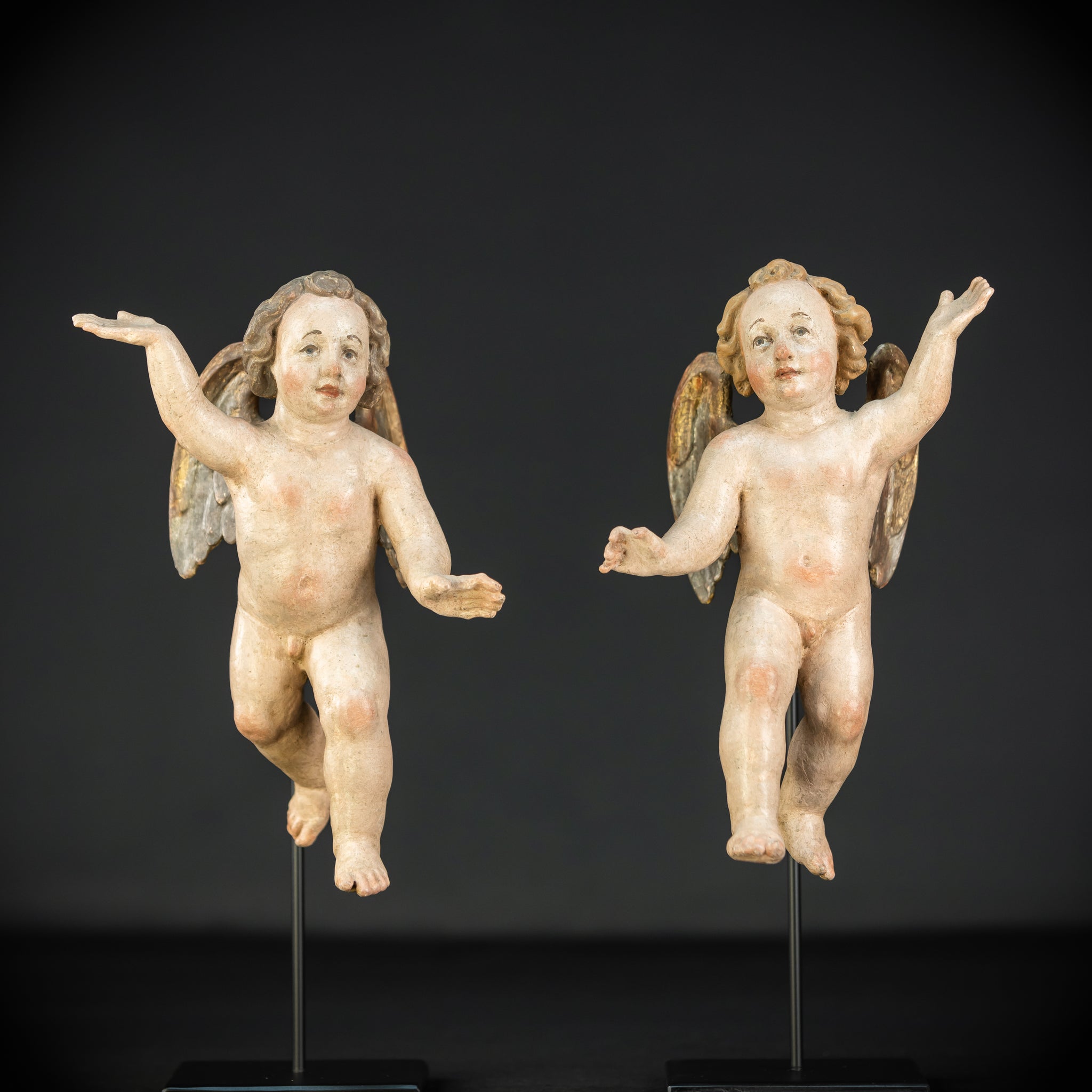 Angel Statues Pair | 1700s Cherubs Wood 9.5"