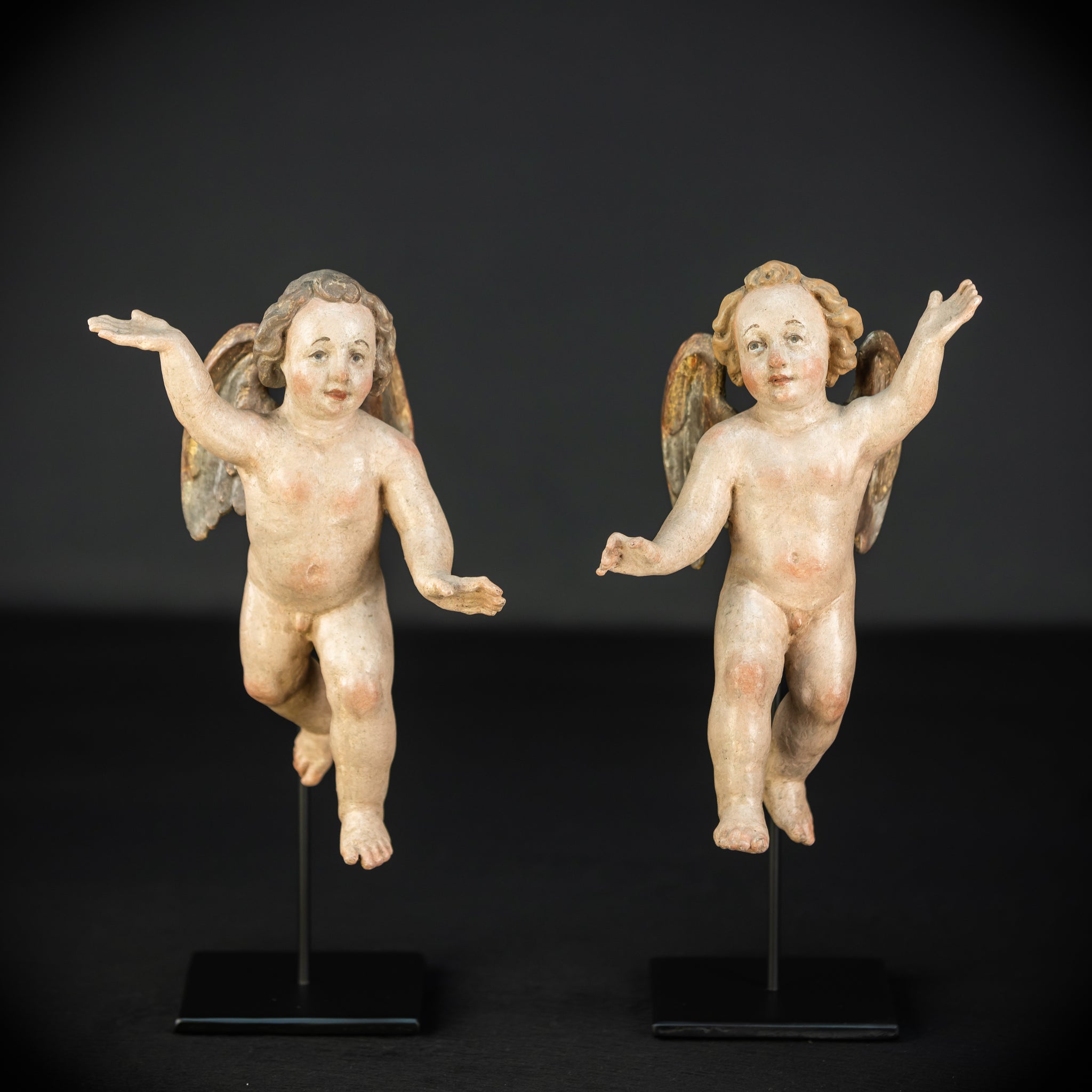 Angel Statues Pair | 1700s Cherubs Wood 9.5"