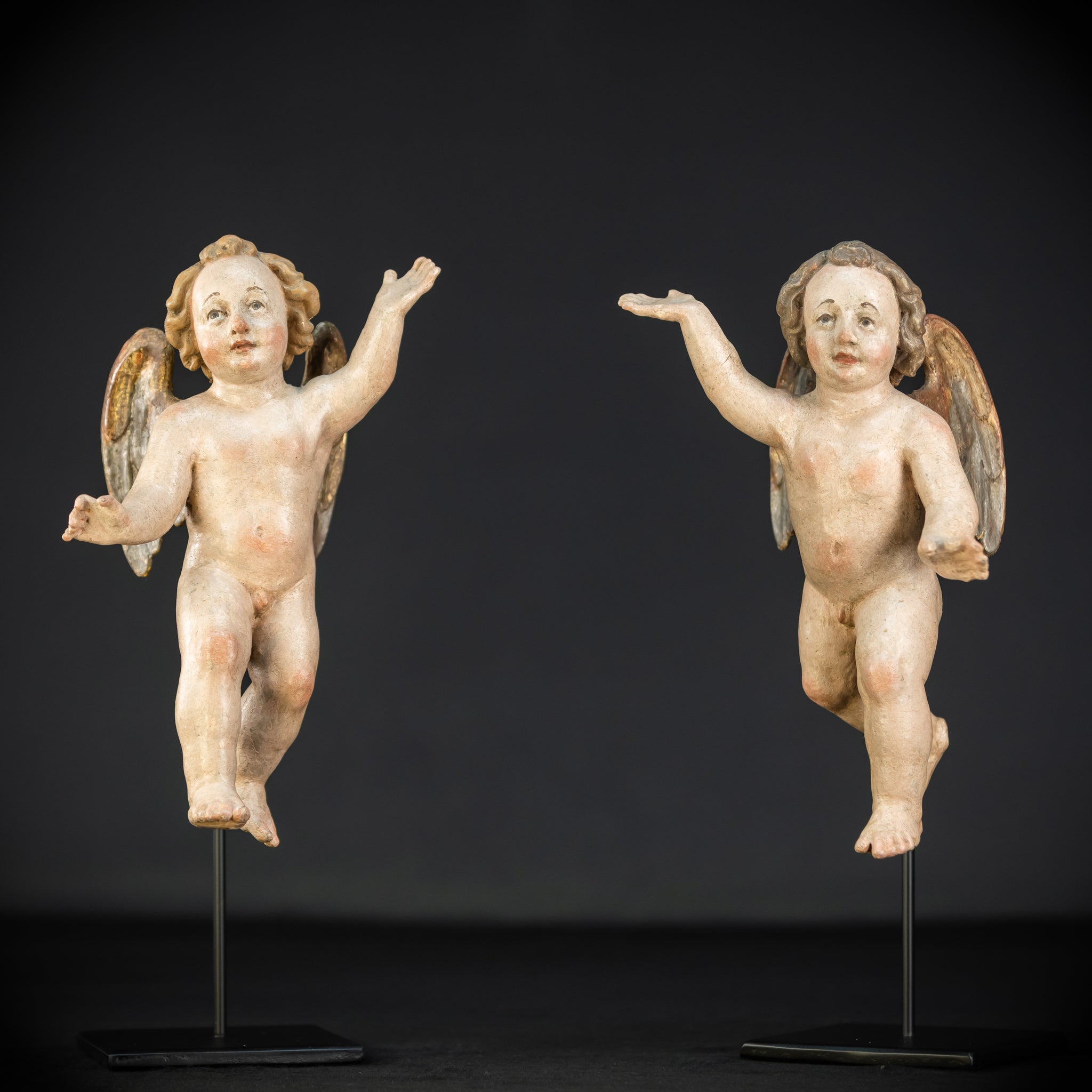 Angel Statues Pair | 1700s Cherubs Wood 9.5"
