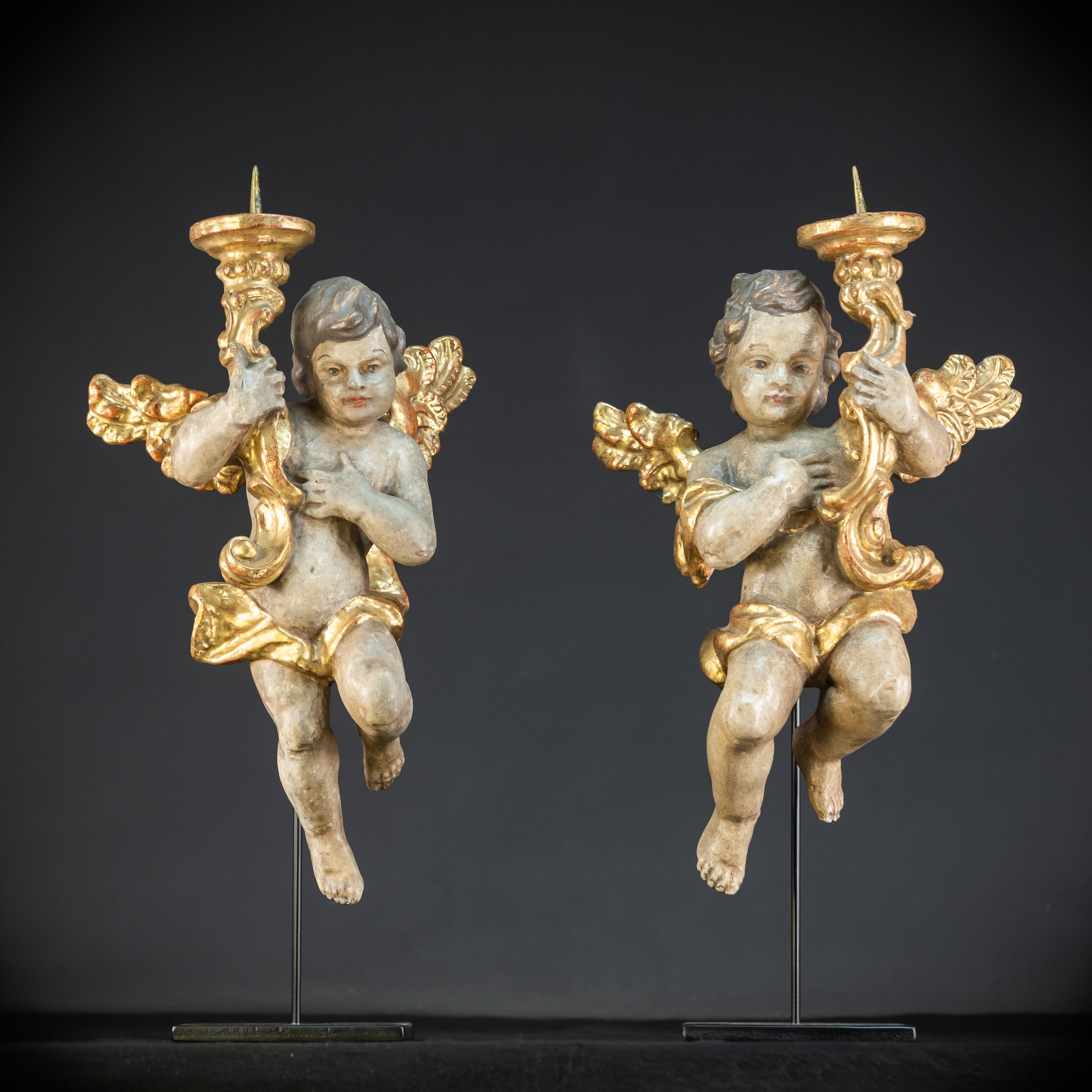 Flying Angel Candleholders Pair | 1700s Cherubs 19.3"