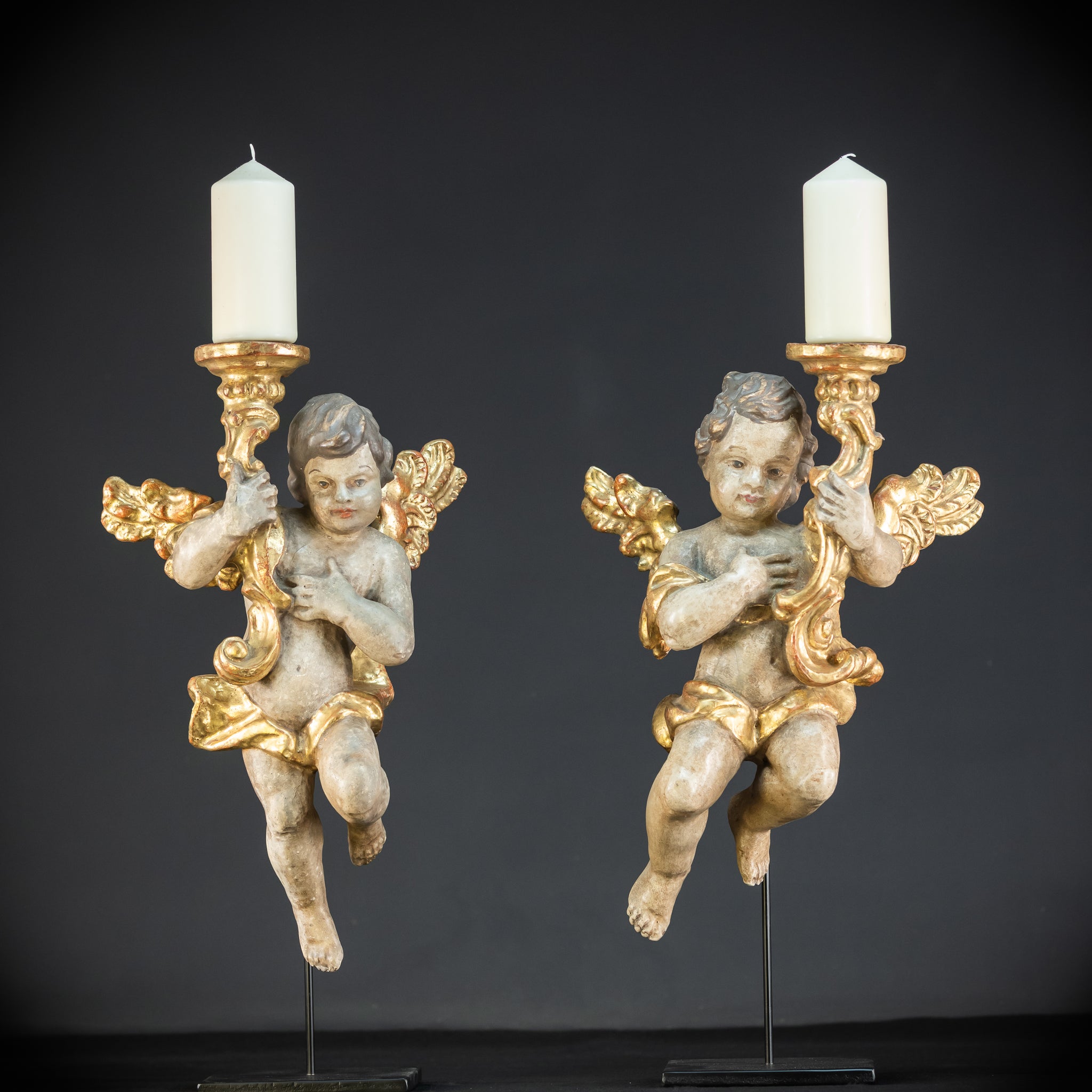 Flying Angel Candleholders Pair | 1700s Cherubs 19.3"