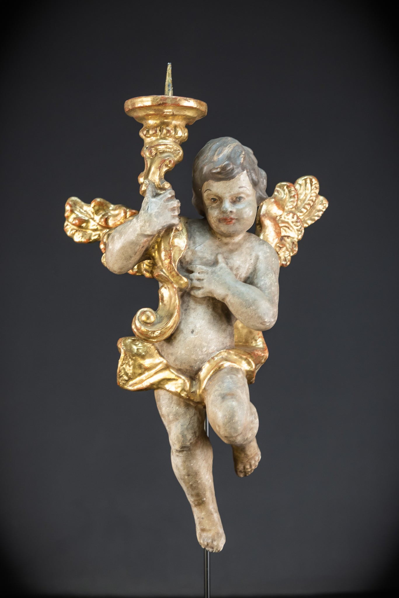 Flying Angel Candleholders Pair | 1700s Cherubs 19.3"