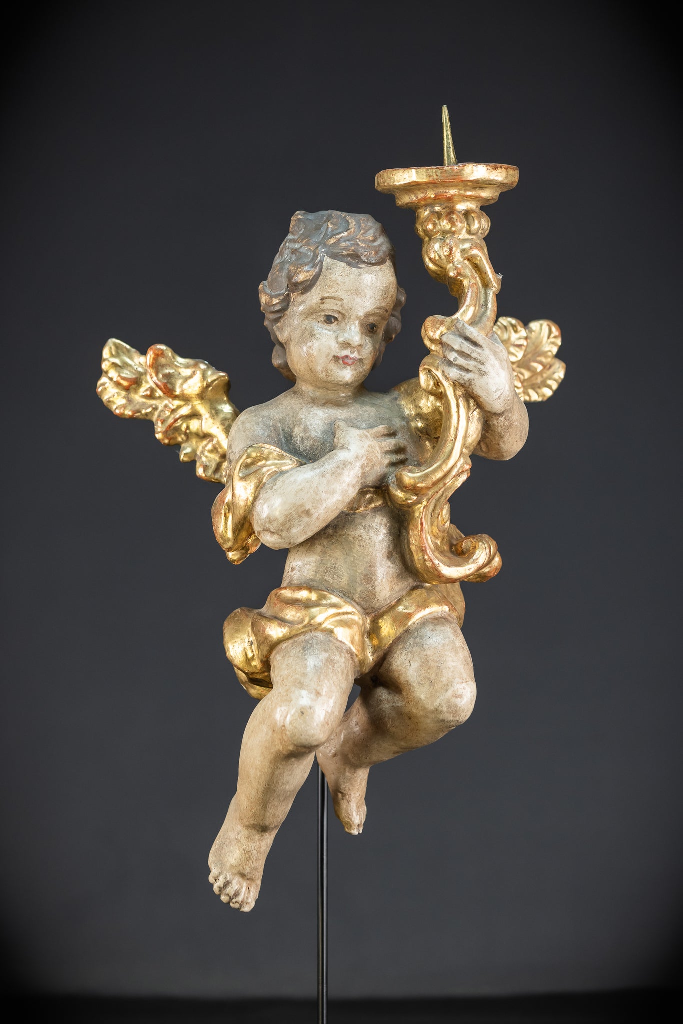 Flying Angel Candleholders Pair | 1700s Cherubs 19.3"