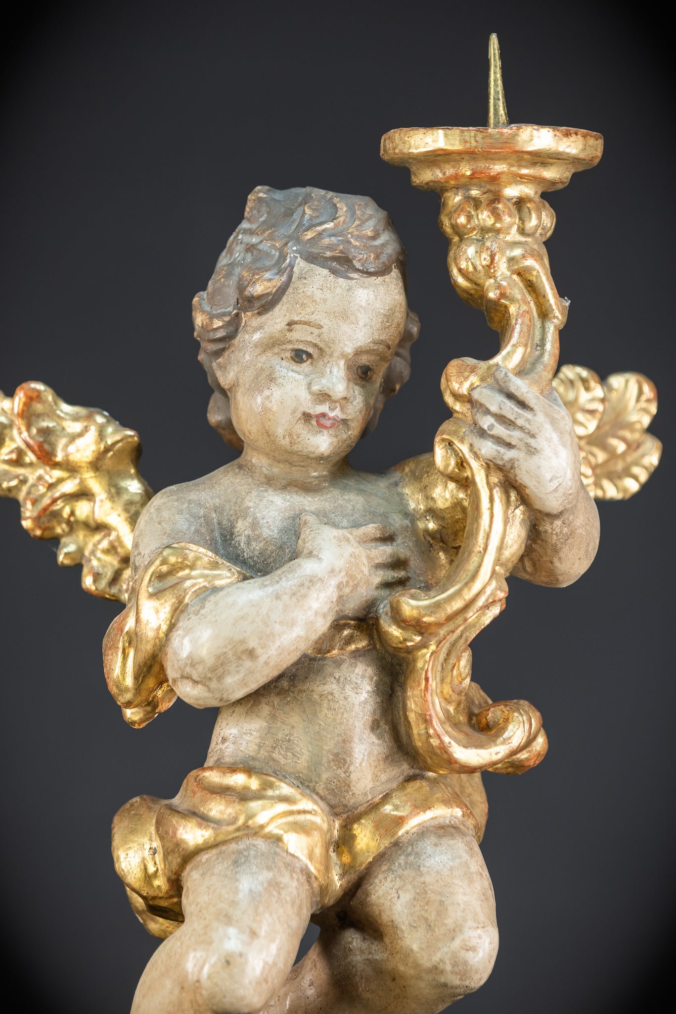Flying Angel Candleholders Pair | 1700s Cherubs 19.3"