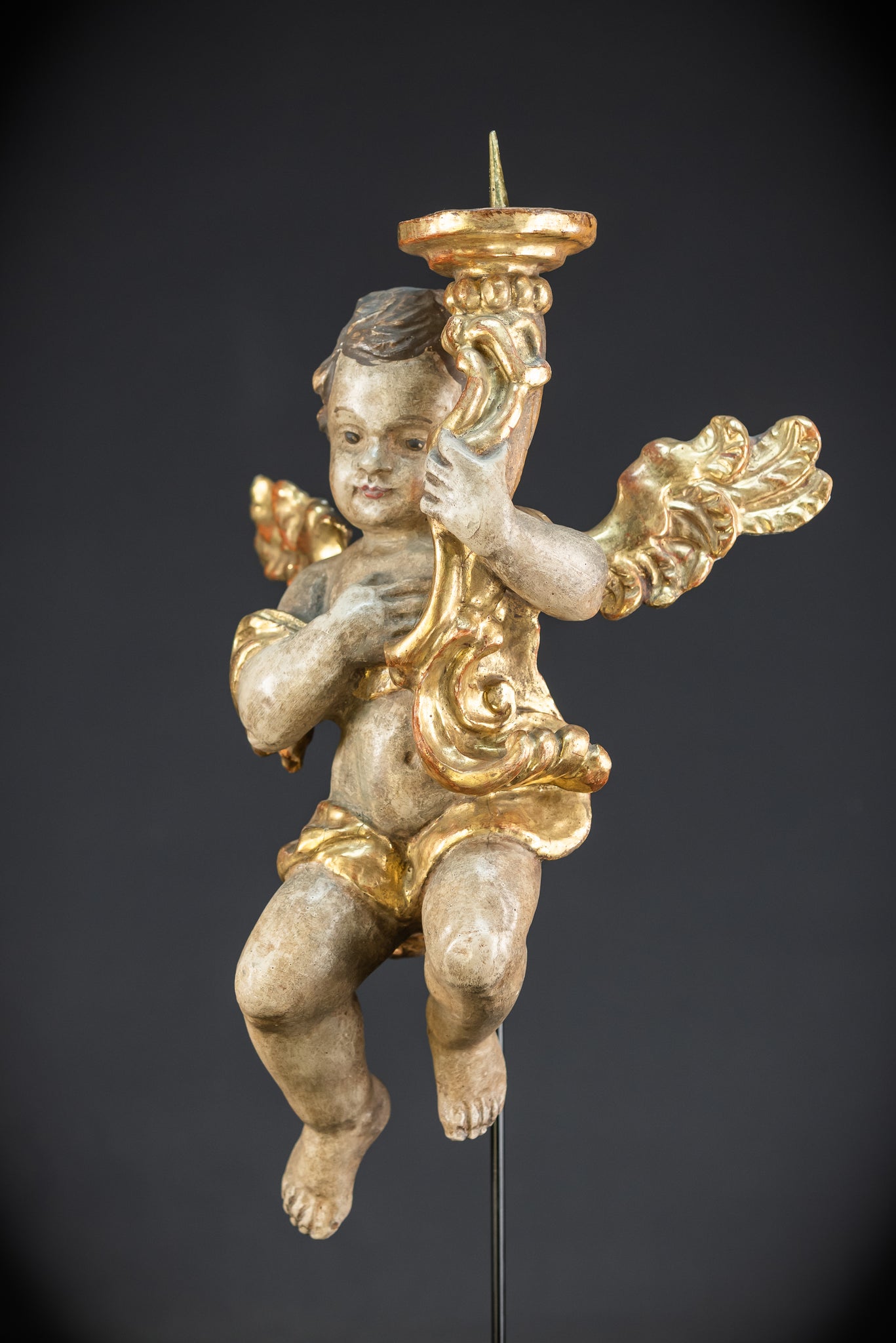 Flying Angel Candleholders Pair | 1700s Cherubs 19.3"