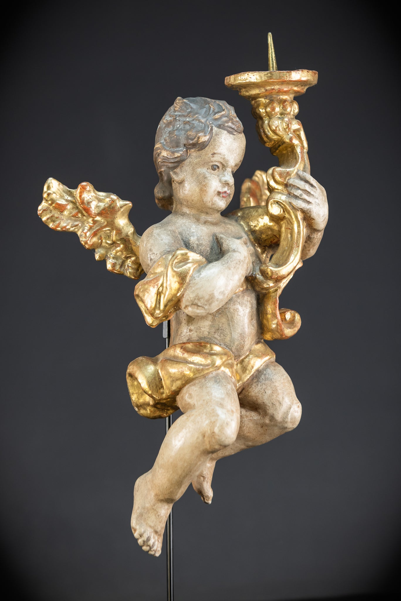 Flying Angel Candleholders Pair | 1700s Cherubs 19.3"