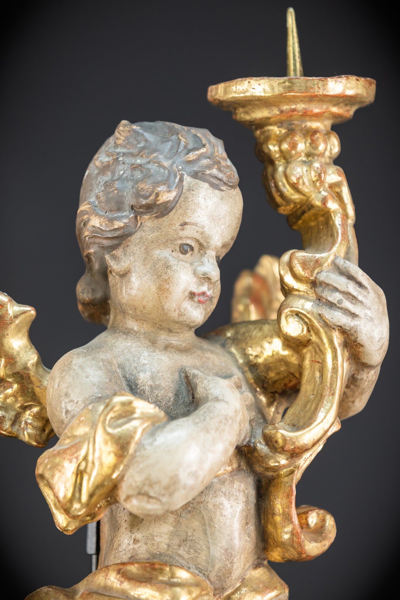 Flying Angel Candleholders Pair | 1700s Cherubs 19.3"