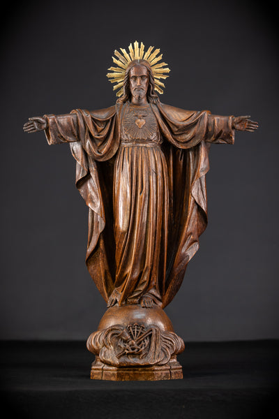 Sacred Heart Jesus Wooden Sculpture | 1800s Antique | 23.2"