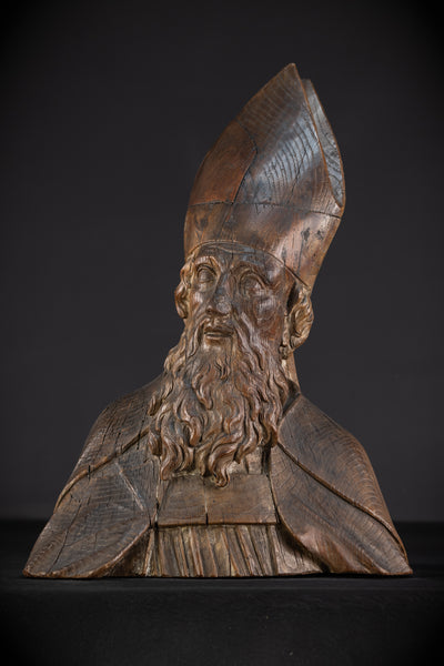 Saint Augustine of Hippo Wooden Bust Statue | 1600s Antique | 23.6" / 60 cm