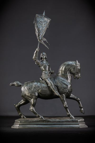 St Joan of Arc Bronze Sculpture by E Delabrierre | 1800s Antique 22.6"