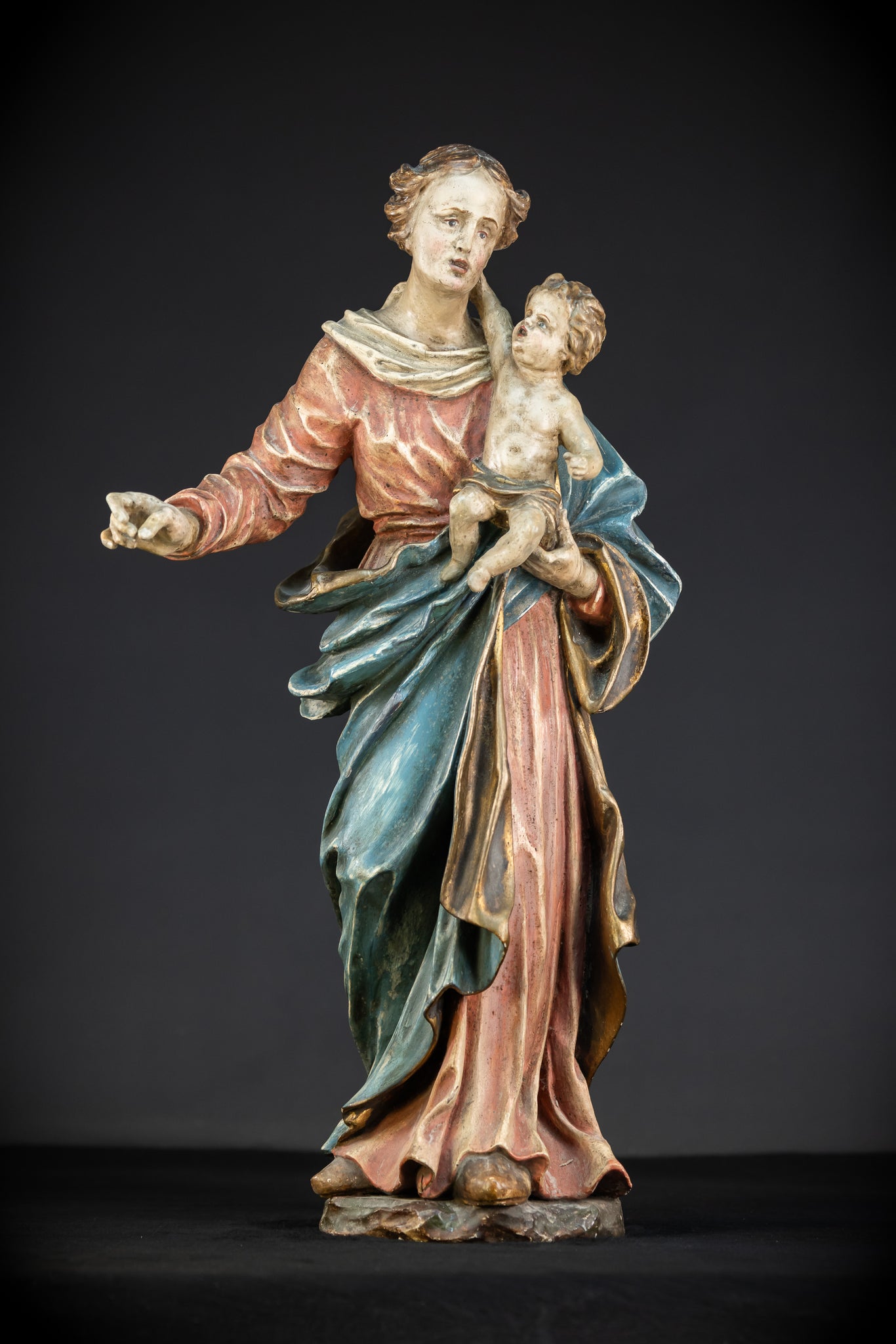 Virgin Mary with Infant Jesus Wooden | 1700s Baroque 26.6”