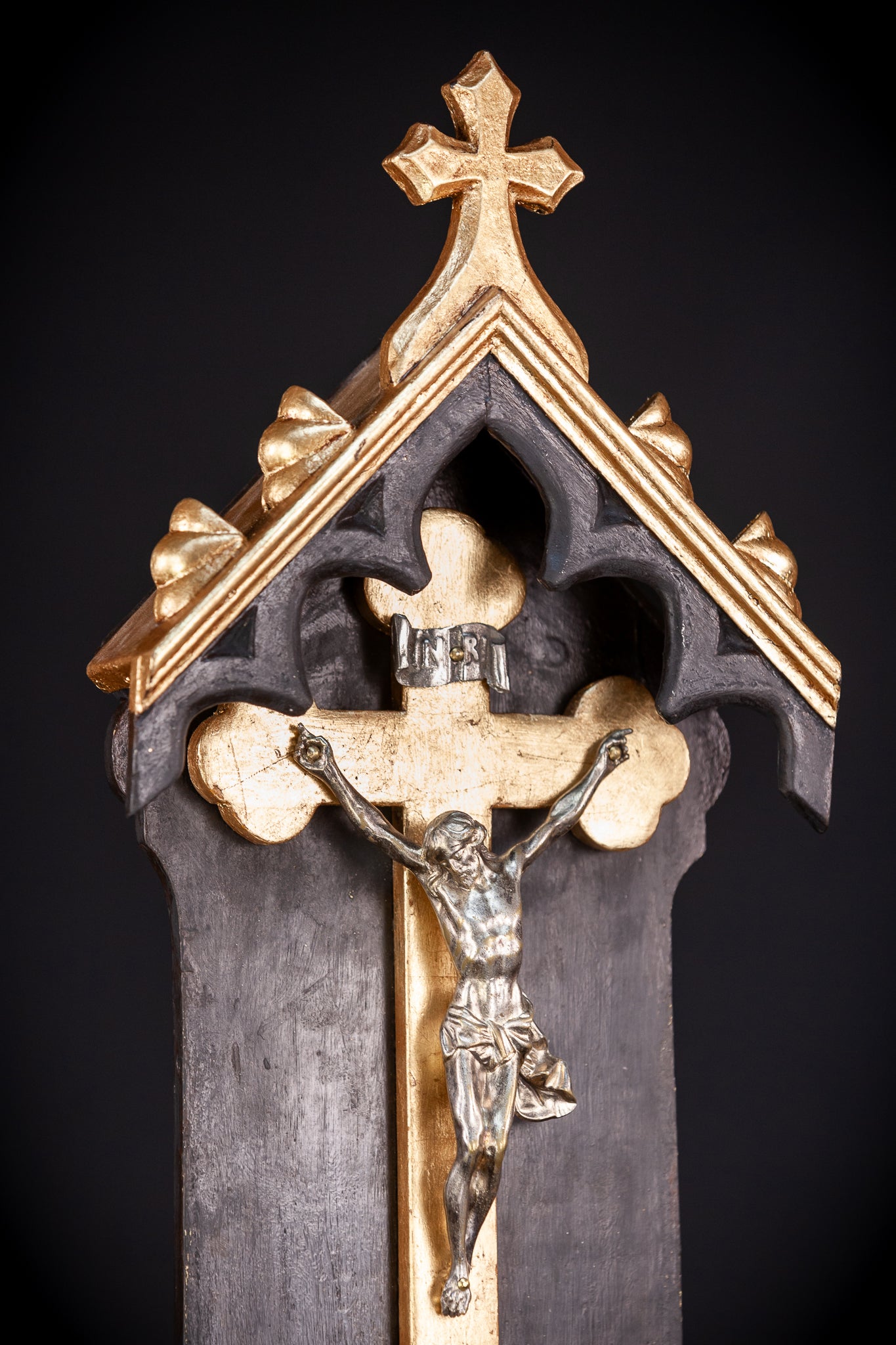 Wooden Crucifix Shrine | 1800s Silver Plated Christ 23.6" / 60 cm