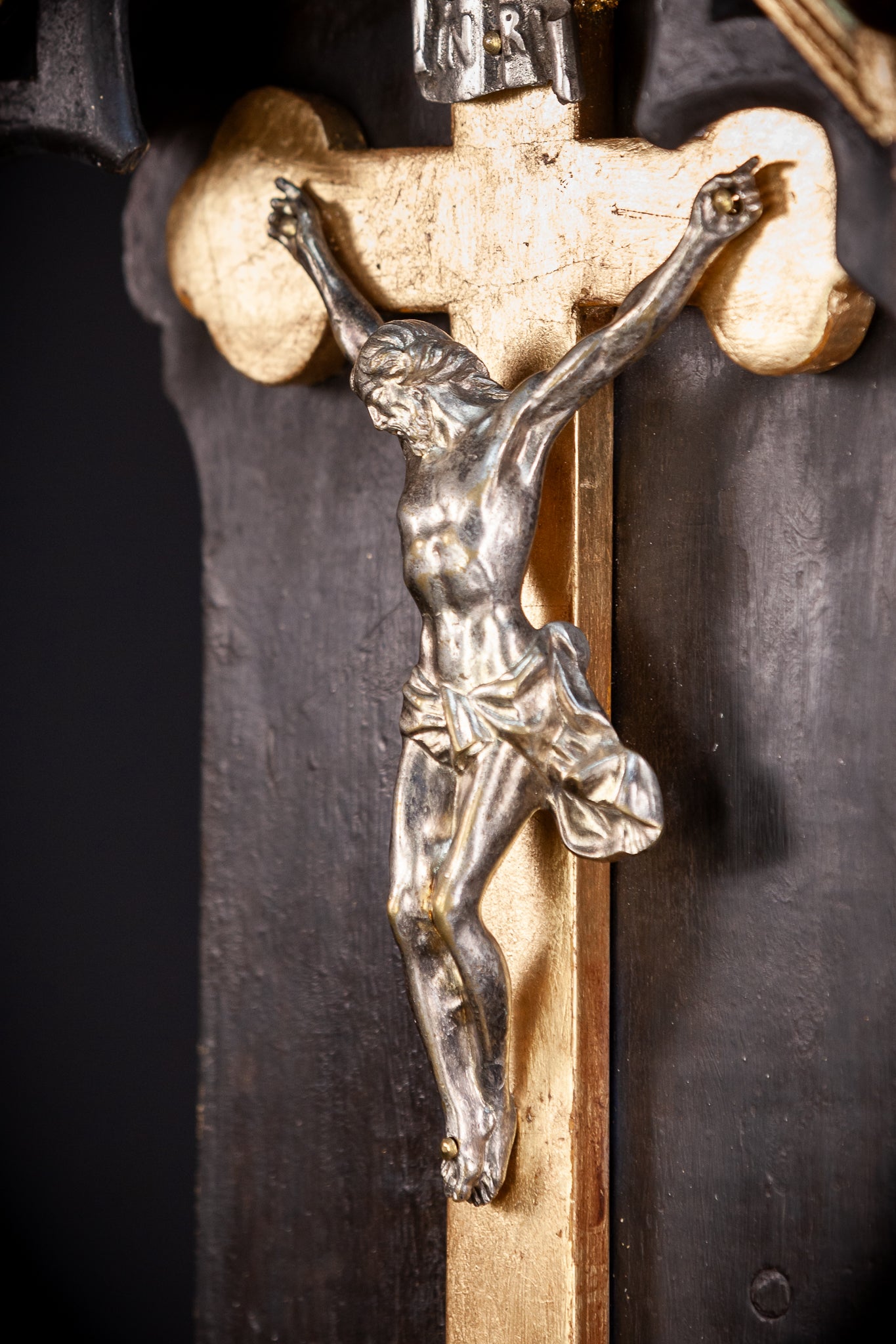 Wooden Crucifix Shrine | 1800s Silver Plated Christ 23.6" / 60 cm
