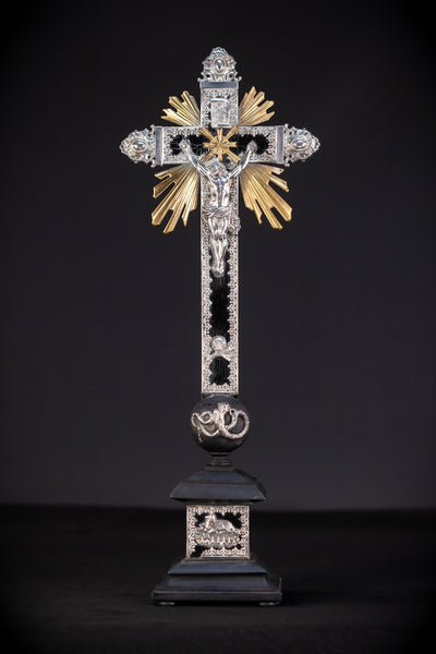 Altar Crucifix | Solid Silver Jesus and Finials | 1800s Antique | 21.3" / 54 cm