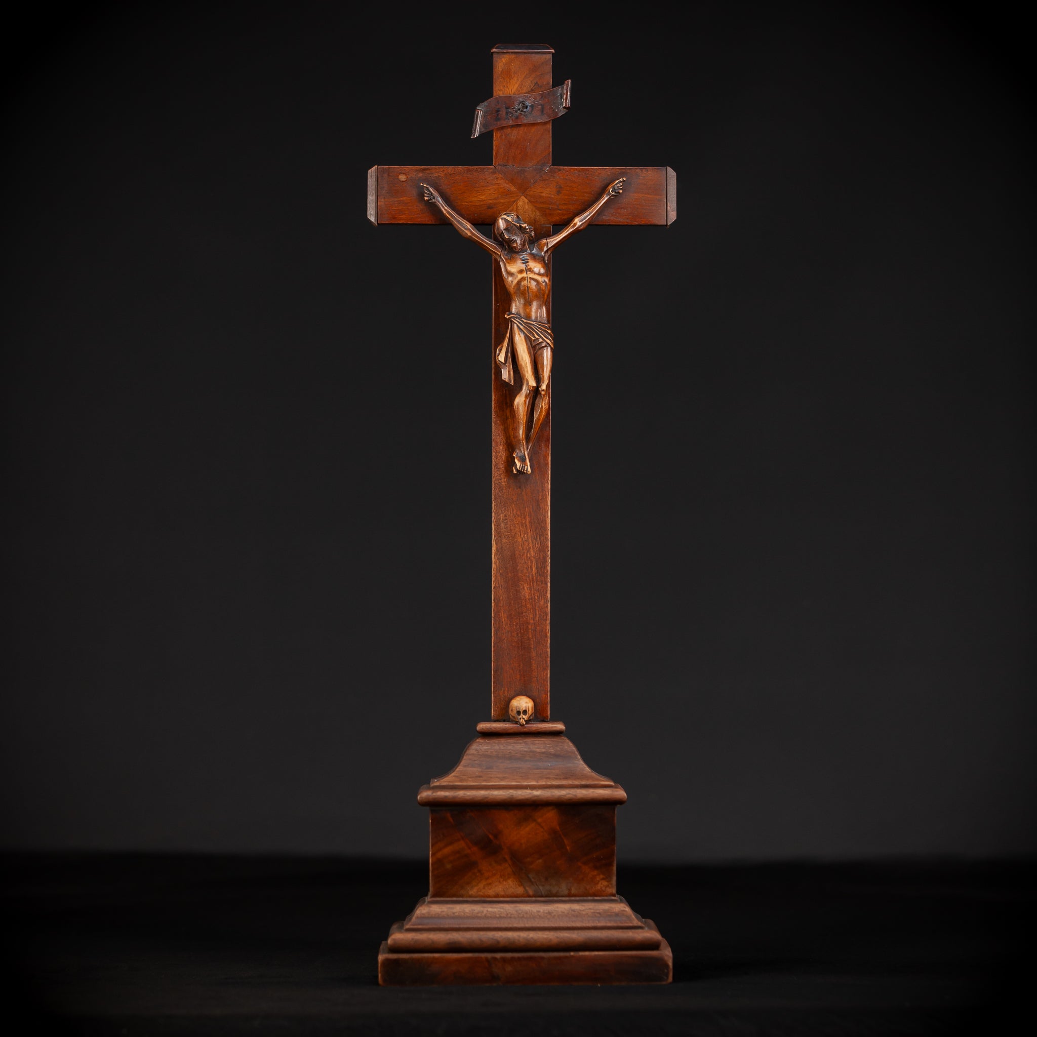 Altar Crucifix Carved Wood | 1800s Antique | 22.8" / 58 cm