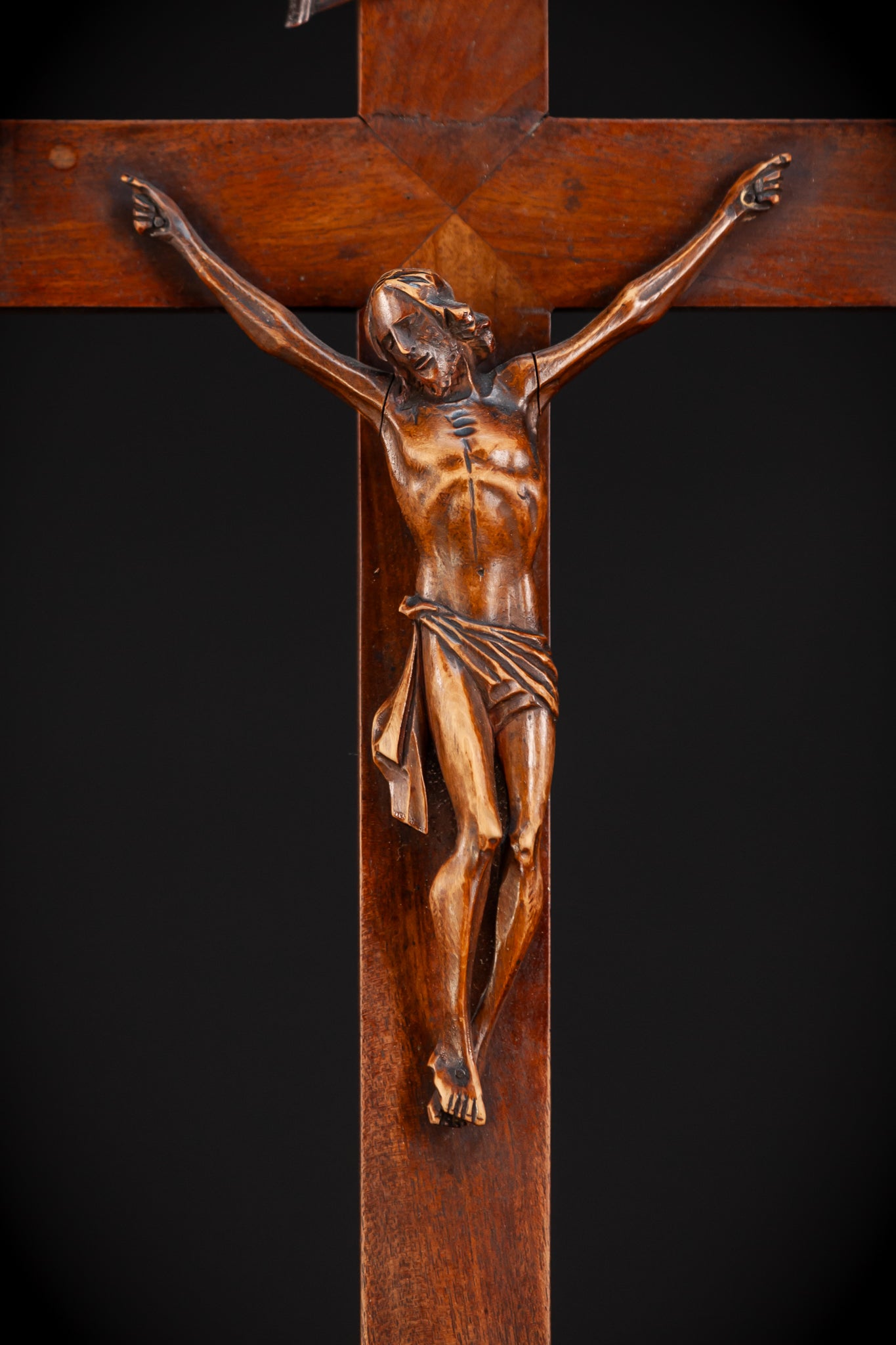 Altar Crucifix Carved Wood | 1800s Antique | 22.8" / 58 cm