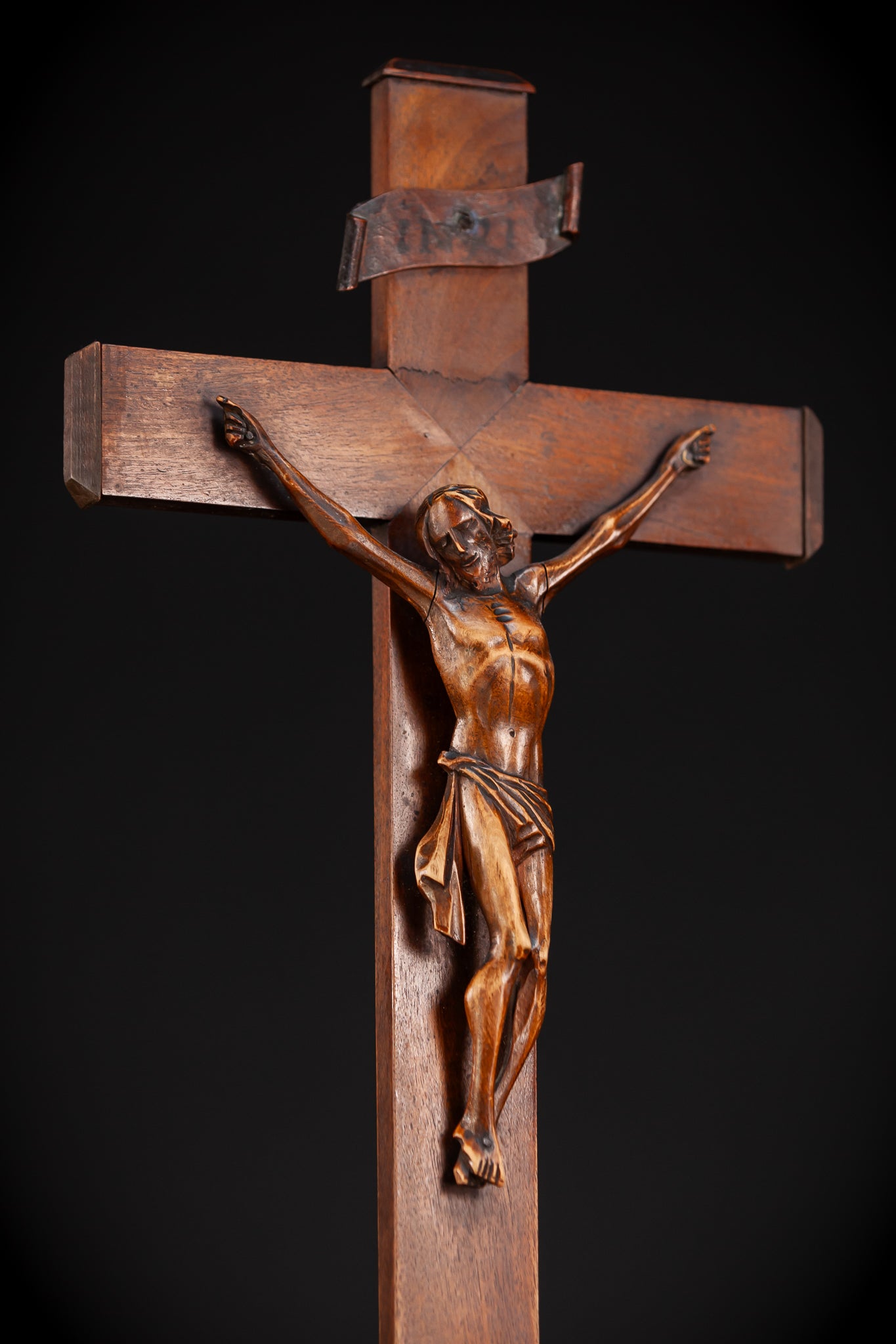 Altar Crucifix Carved Wood | 1800s Antique | 22.8" / 58 cm