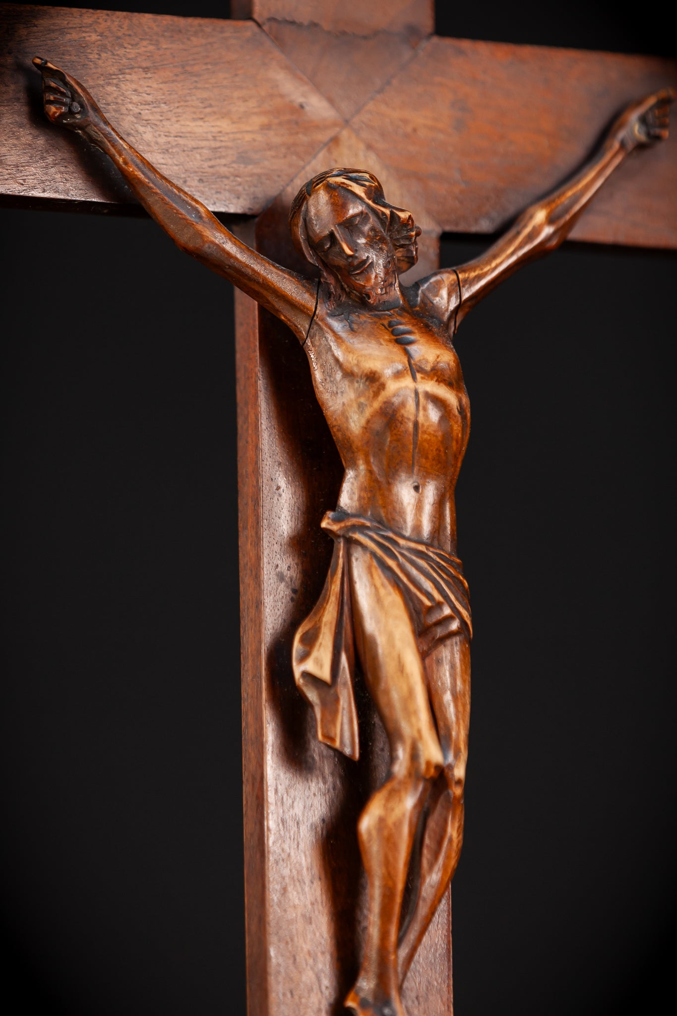 Altar Crucifix Carved Wood | 1800s Antique | 22.8" / 58 cm