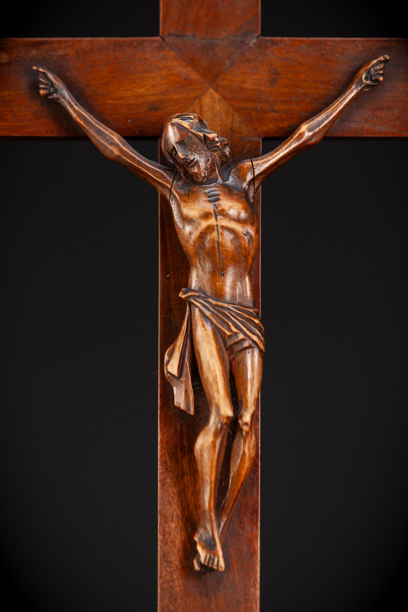 Altar Crucifix Carved Wood | 1800s Antique | 22.8" / 58 cm