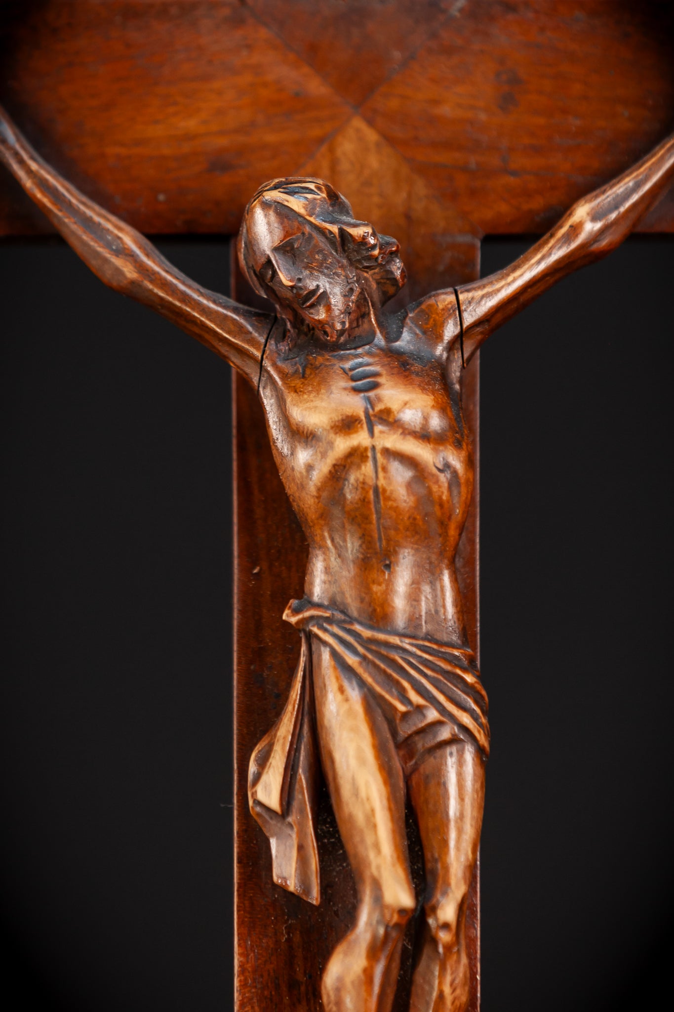 Altar Crucifix Carved Wood | 1800s Antique | 22.8" / 58 cm