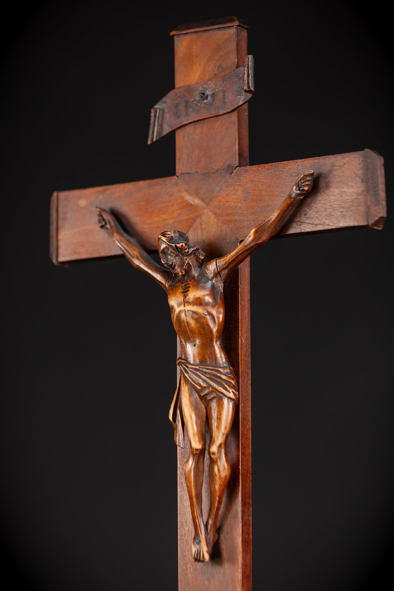 Altar Crucifix Carved Wood | 1800s Antique | 22.8" / 58 cm