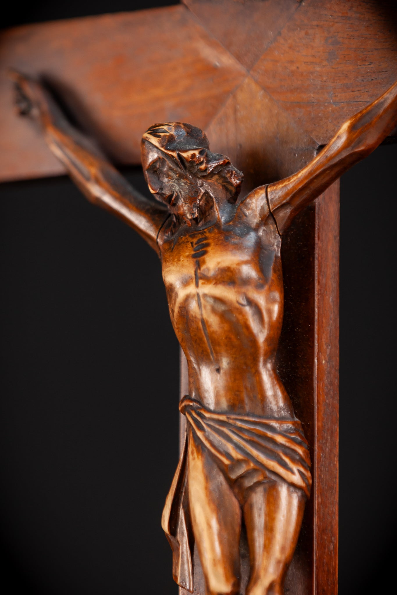 Altar Crucifix Carved Wood | 1800s Antique | 22.8" / 58 cm