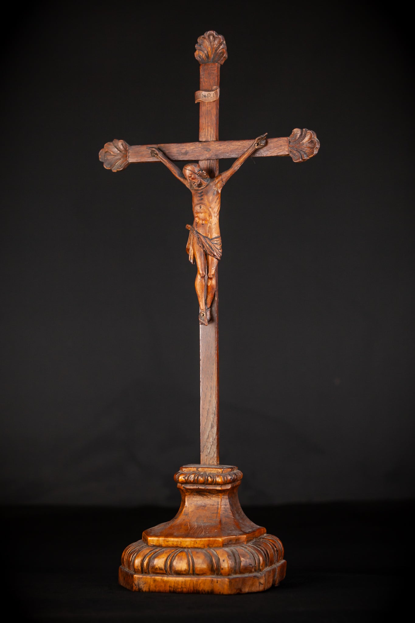 Altar Crucifix Carved Wood | 1700s Antique | 22.8" / 58 cm