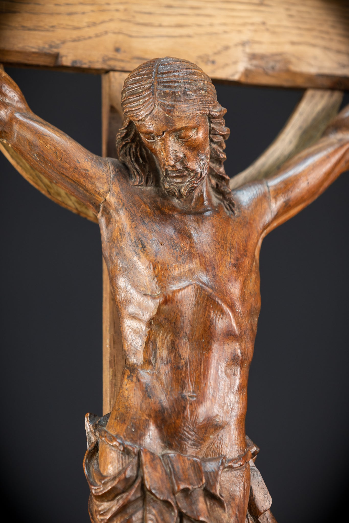Church Wall Crucifix | 1800s Antique Wooden Cross | 39.8"