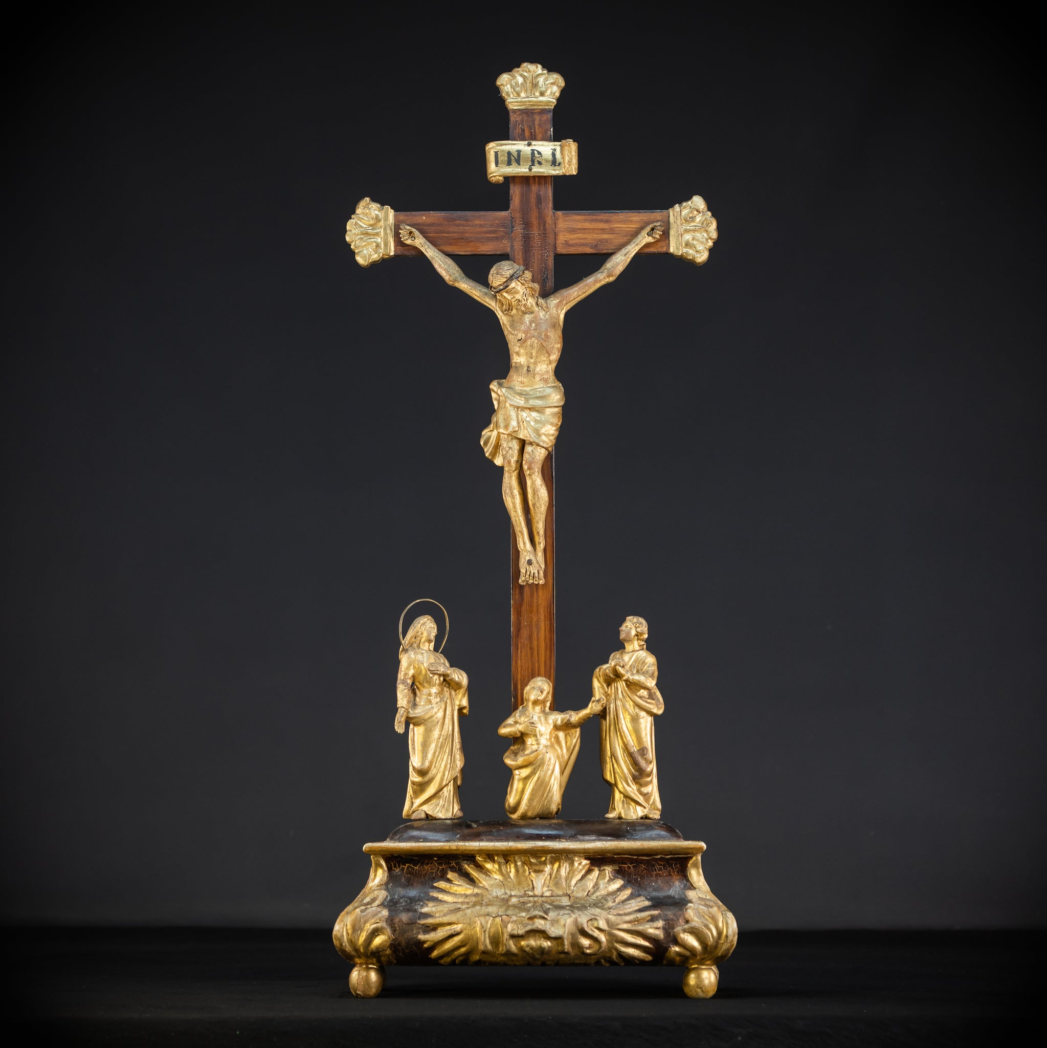 Crucifix Altar | Baroque Wooden Gilded Cross 1700s | 30.3"