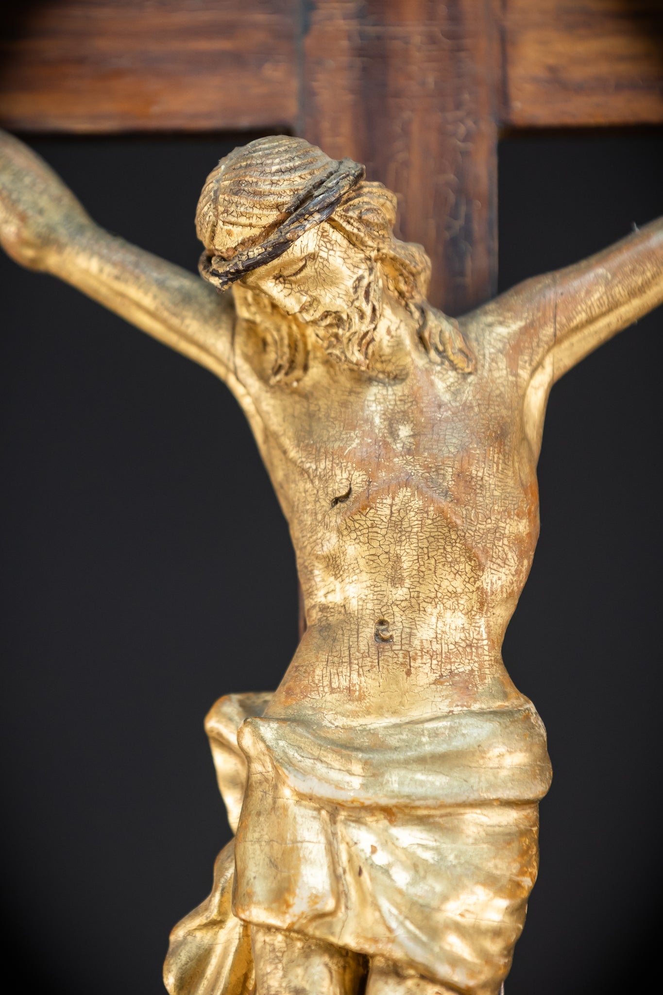 Crucifix Altar | Baroque Wooden Gilded Cross 1700s | 30.3"