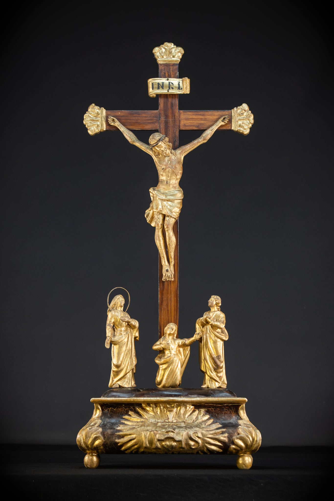 Crucifix Altar | Baroque Wooden Gilded Cross 1700s | 30.3"