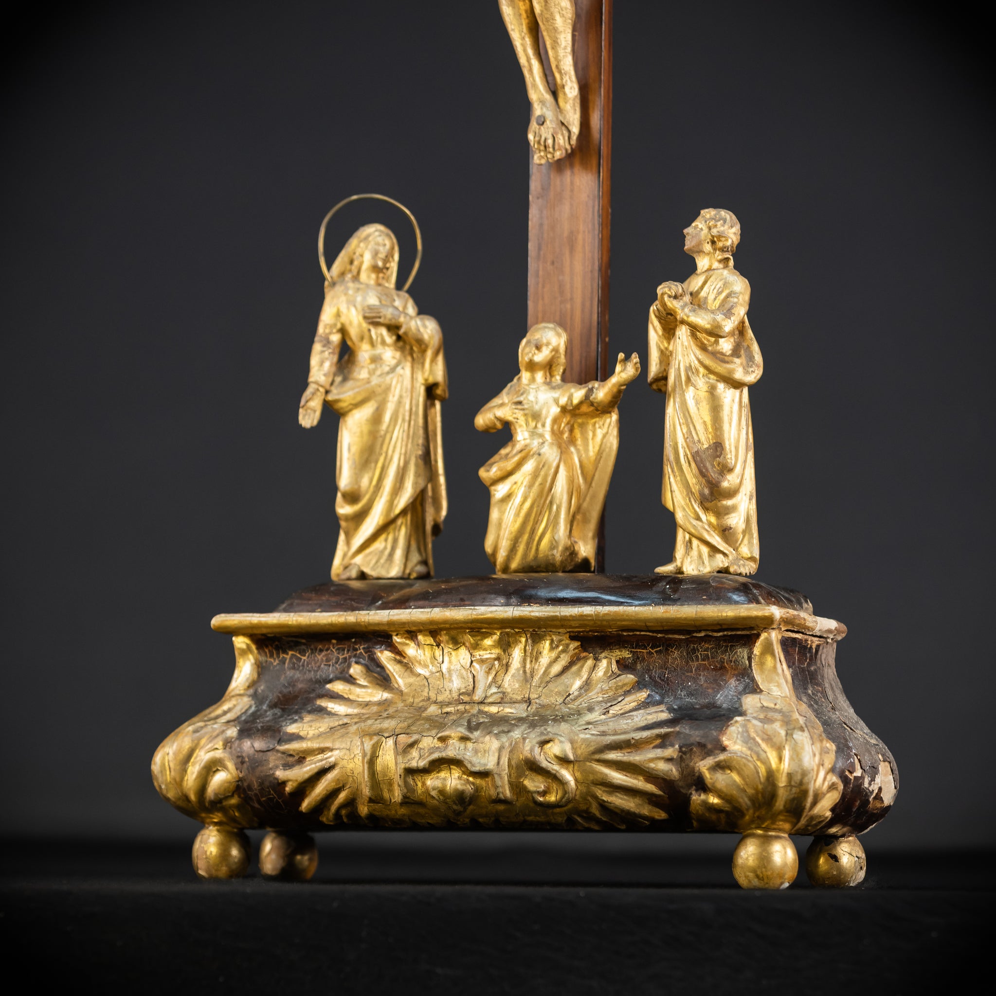 Crucifix Altar | Baroque Wooden Gilded Cross 1700s | 30.3"