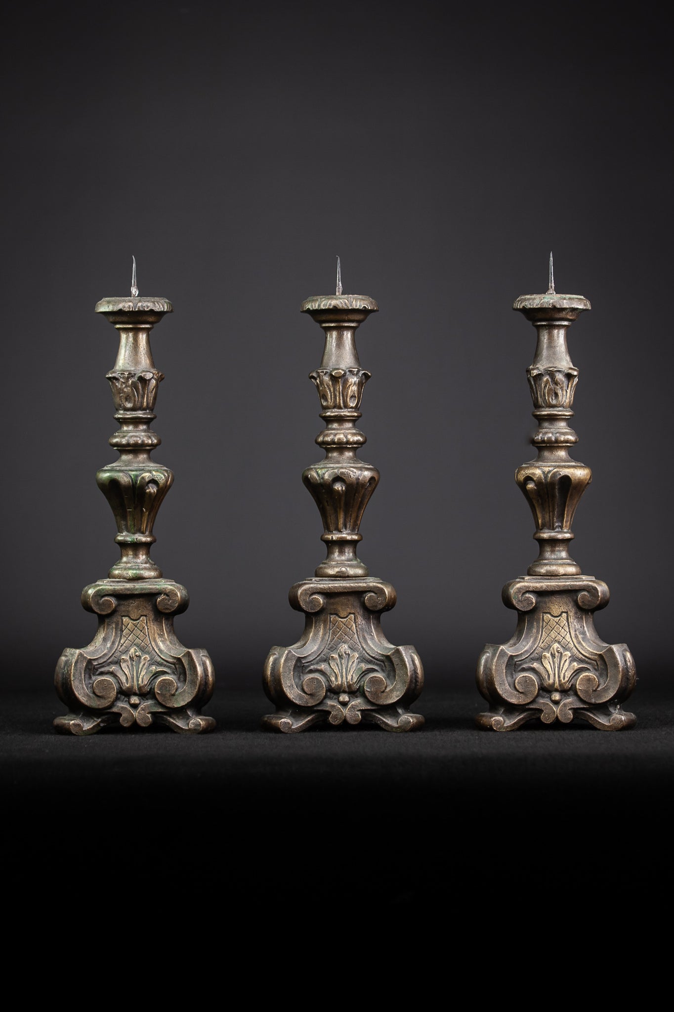 Set of Three Baroque Pricket Bronze Candlesticks | 16"