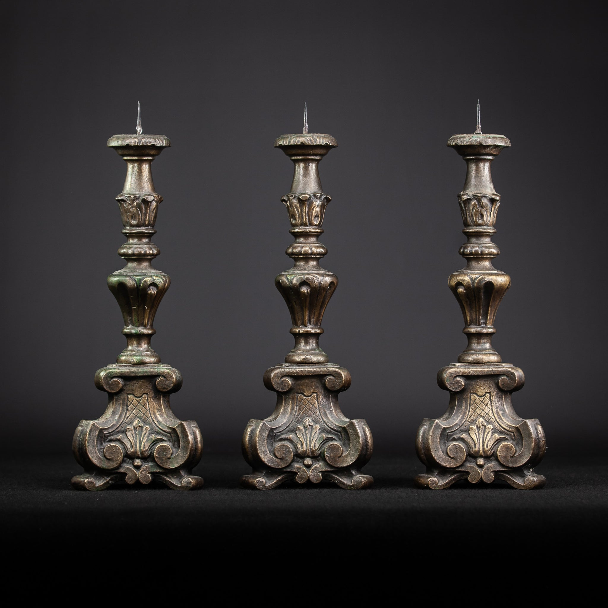 Set of Three Baroque Pricket Bronze Candlesticks | 16"