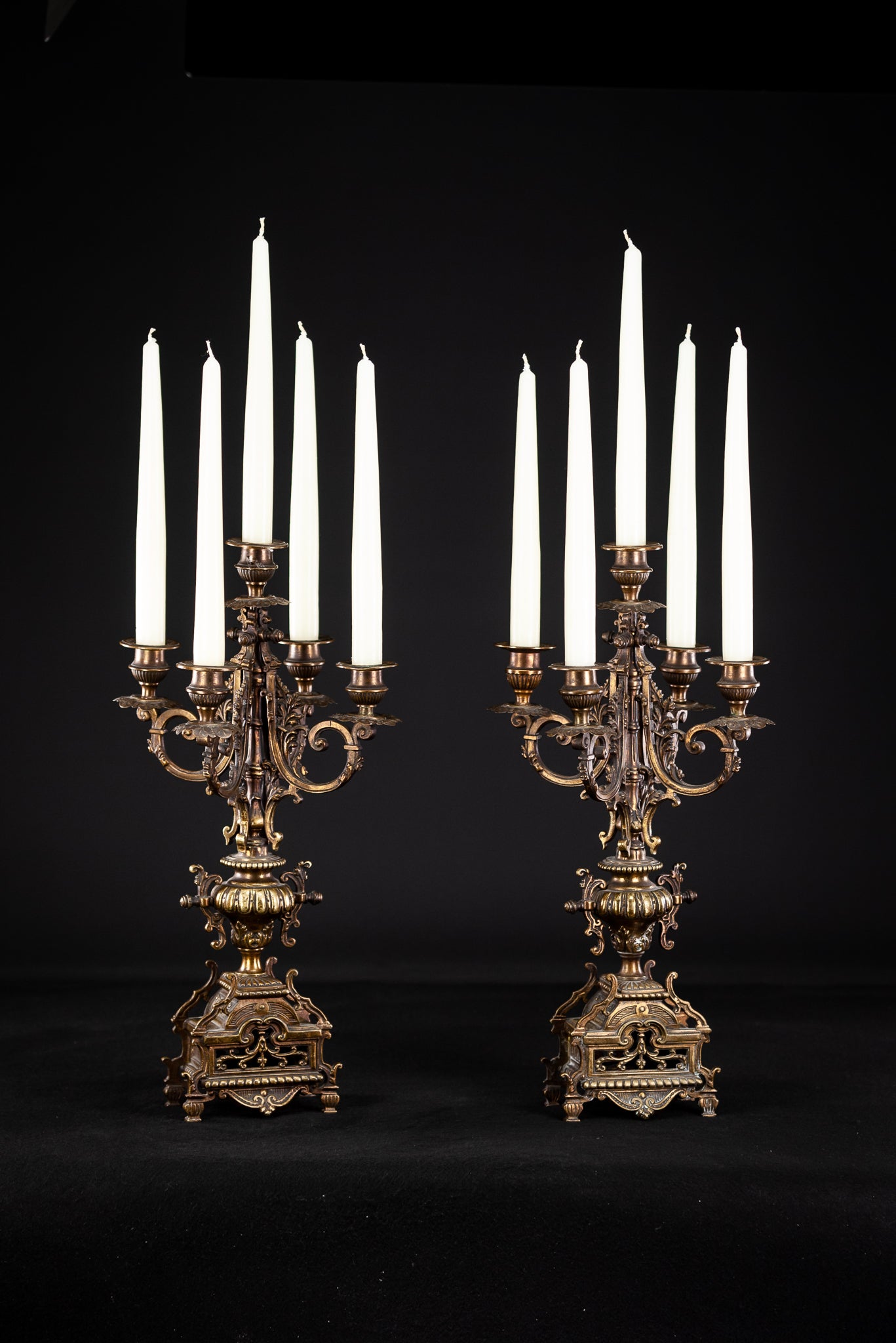 Candelabra Pair Gilded Bronze Gothic Gilt 5 Lights 17"